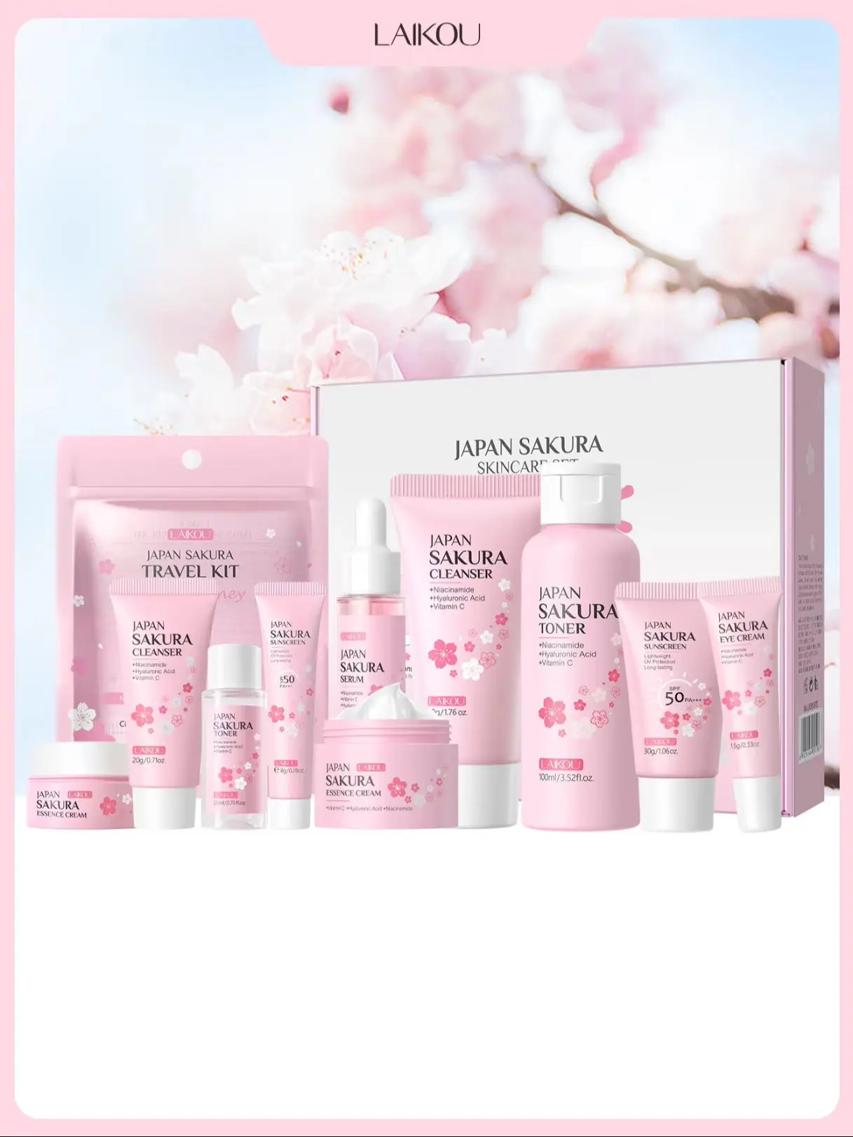 LAIKOU Japan Sakura Full Skincare Set Cleanser Toner Serum Cream Eye Cream Sunscreen Travel Kit Complete Facial Care