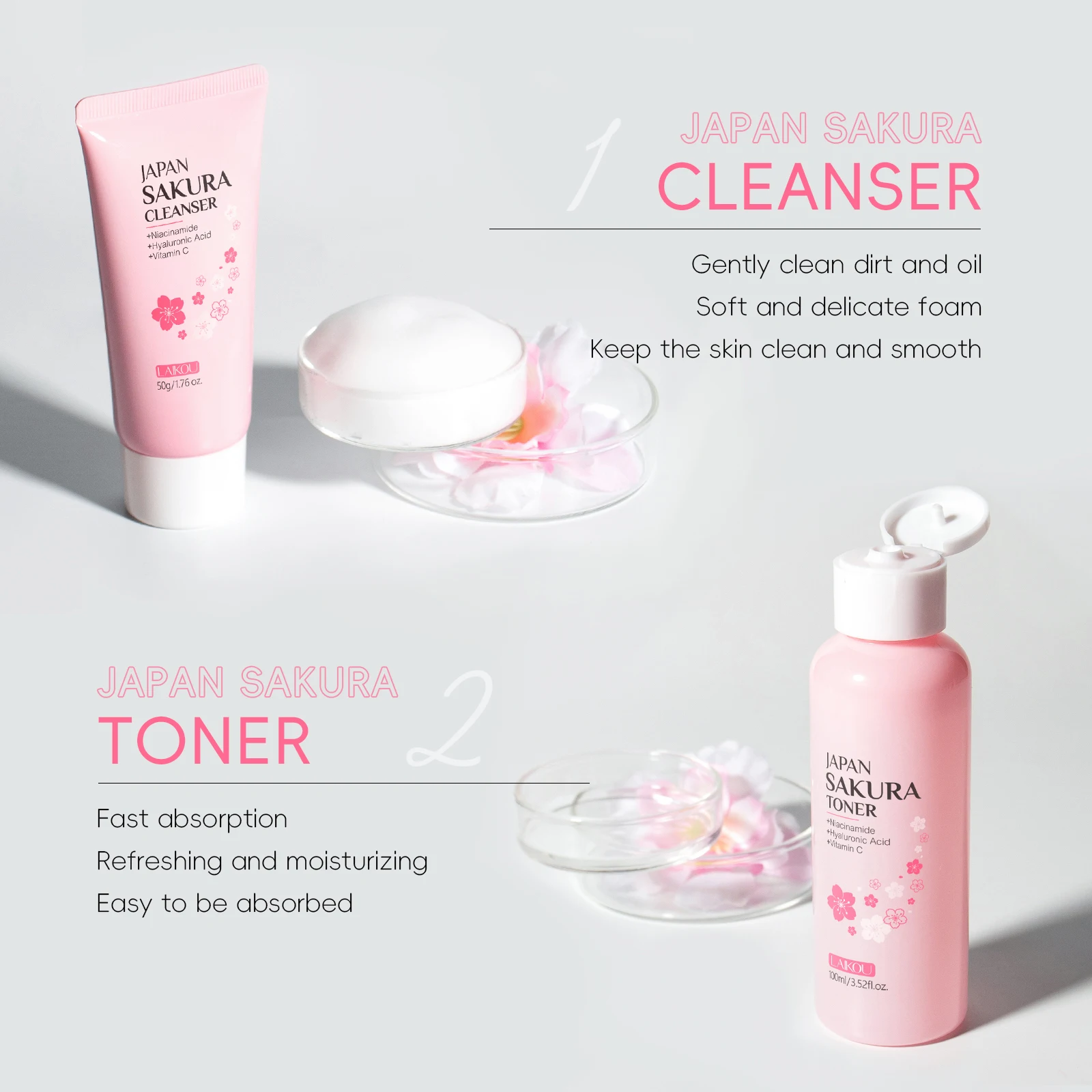 LAIKOU Japan Sakura Full Skincare Set Cleanser Toner Serum Cream Eye Cream Sunscreen Travel Kit Complete Facial Care