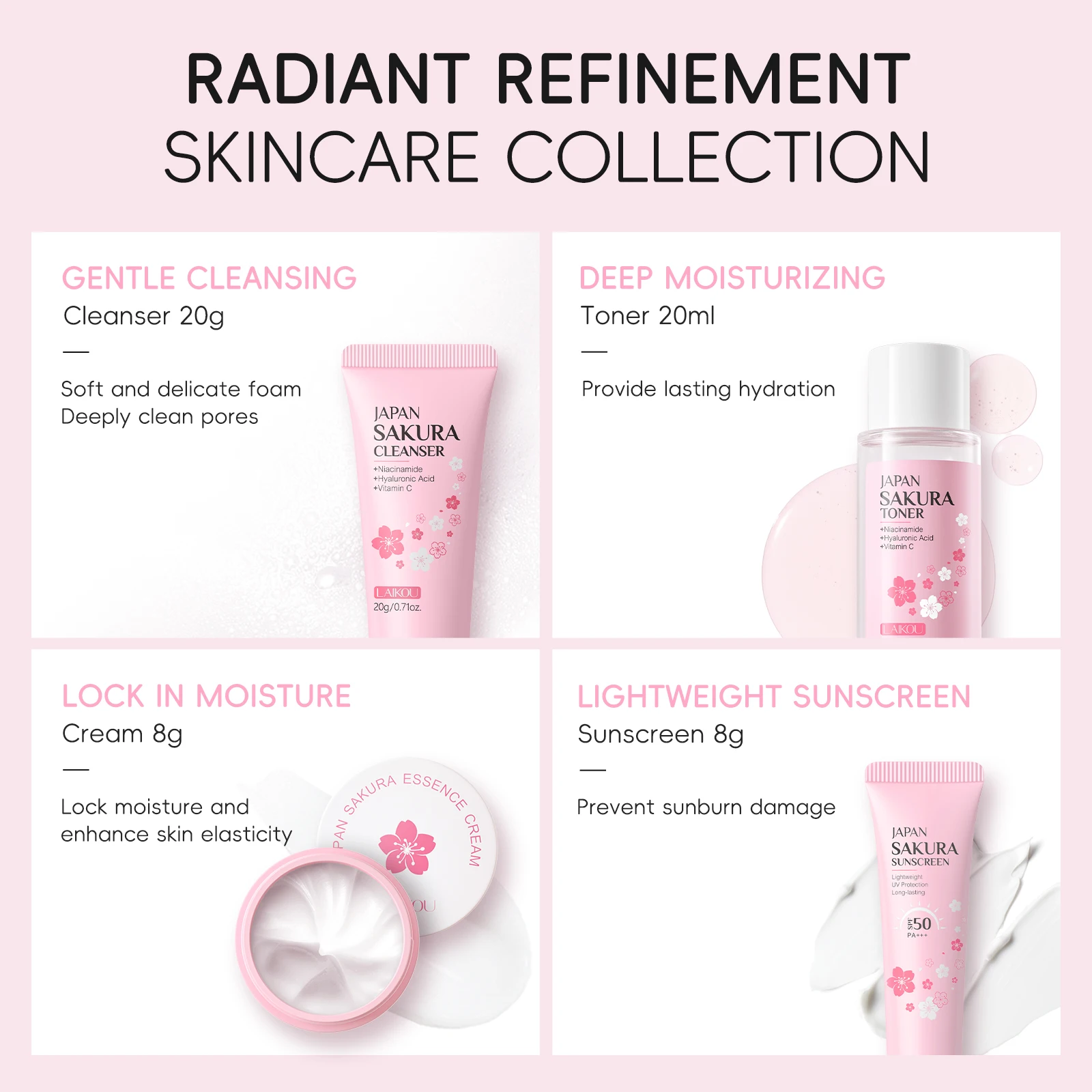 LAIKOU Japan Sakura Full Skincare Set Cleanser Toner Serum Cream Eye Cream Sunscreen Travel Kit Complete Facial Care