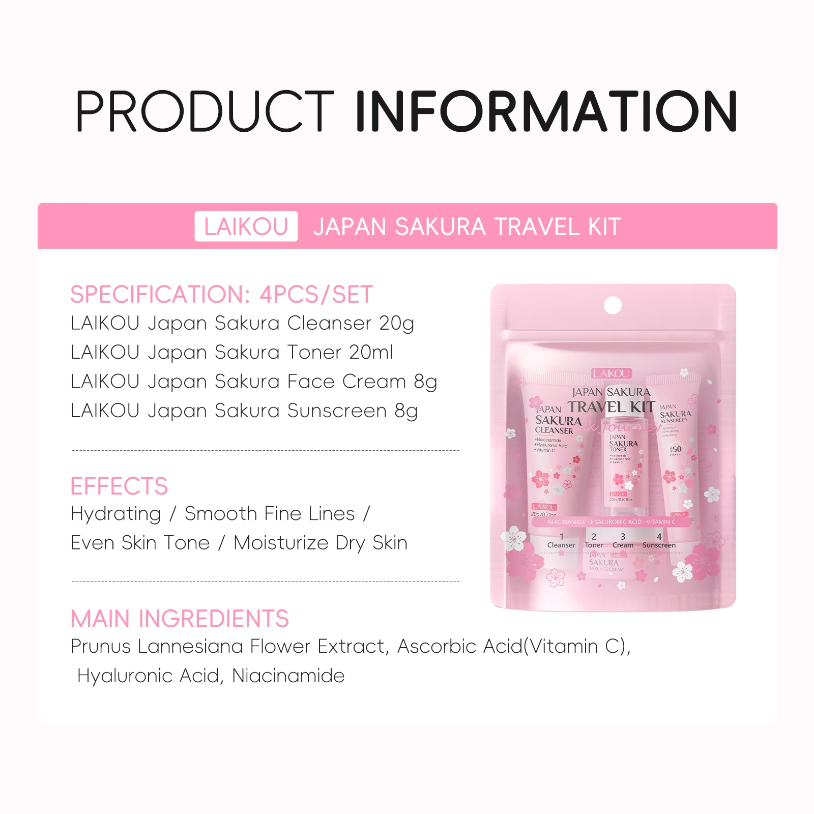 LAIKOU Japan Sakura Full Skincare Set Cleanser Toner Serum Cream Eye Cream Sunscreen Travel Kit Complete Facial Care