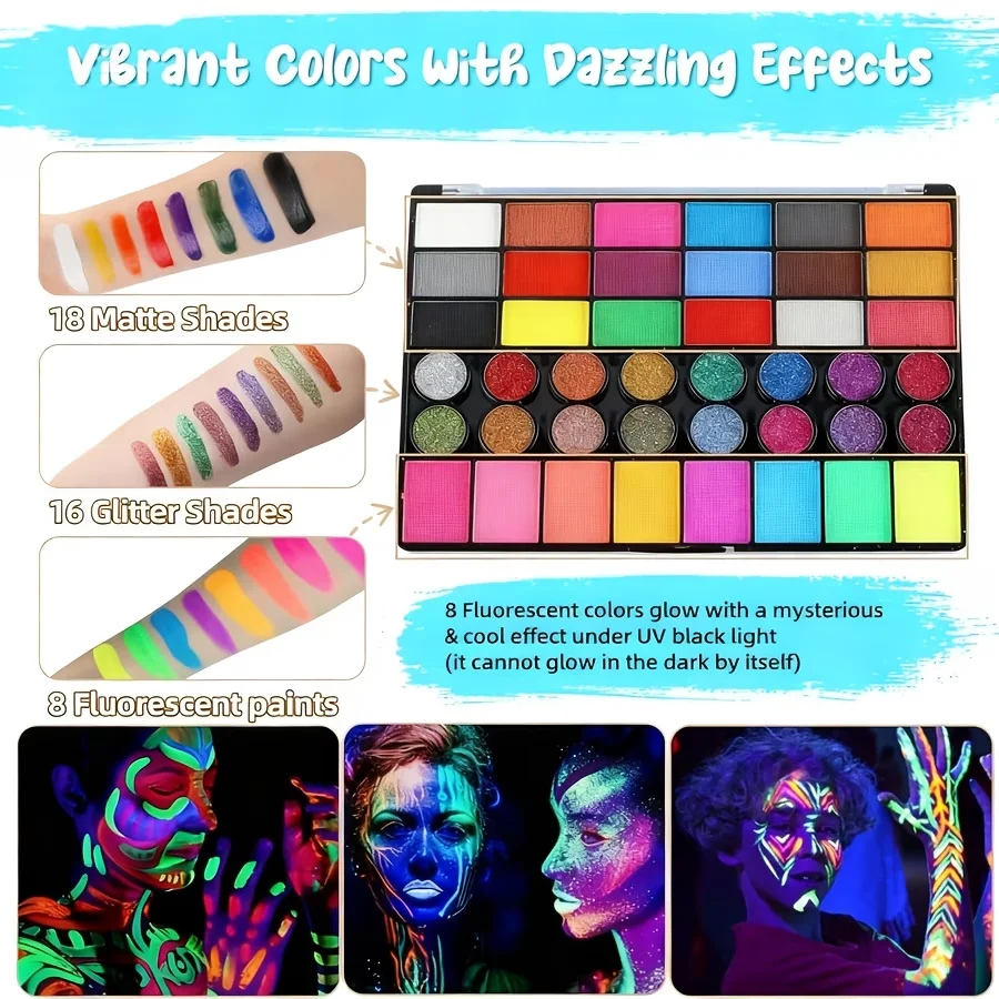 42 Colors Face Body Painting Set Water Soluble Glow Neon Face Paint Art Colorful Halloween Festival Party Body Paint Makeup Kit