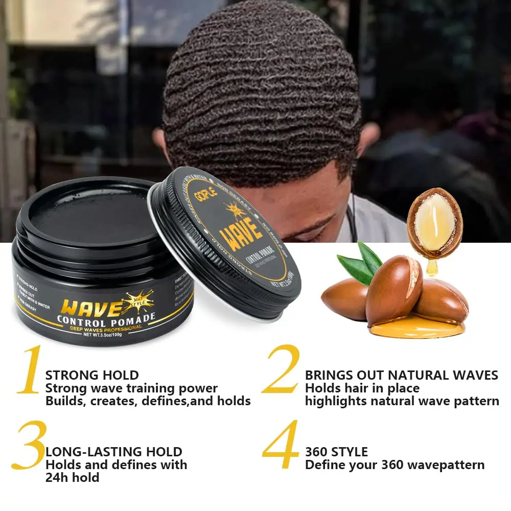 GOIPLE Wave Kit for Men with Wave Control Pomade, Wave Butter and Curved Wave Brush, Complete 360 Wave Styling Set