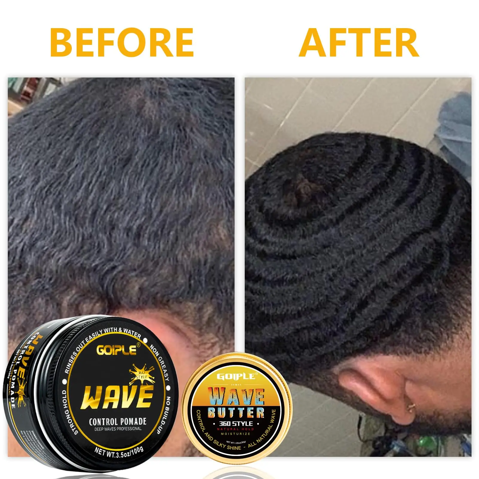 GOIPLE Wave Kit for Men with Wave Control Pomade, Wave Butter and Curved Wave Brush, Complete 360 Wave Styling Set