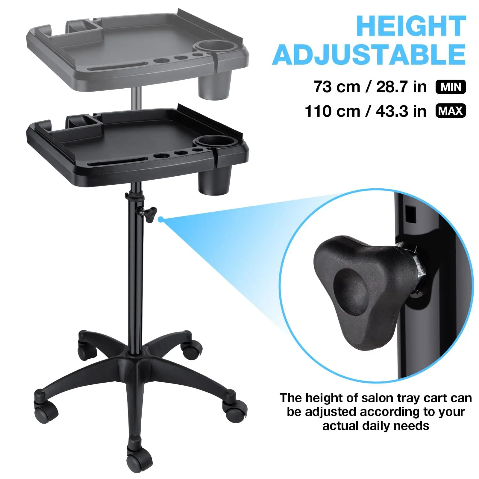 Stainless Steel Adjustable Height Trolley Rolling Cart Stand for Salon Medical SPA Clinic Service Cart Storage