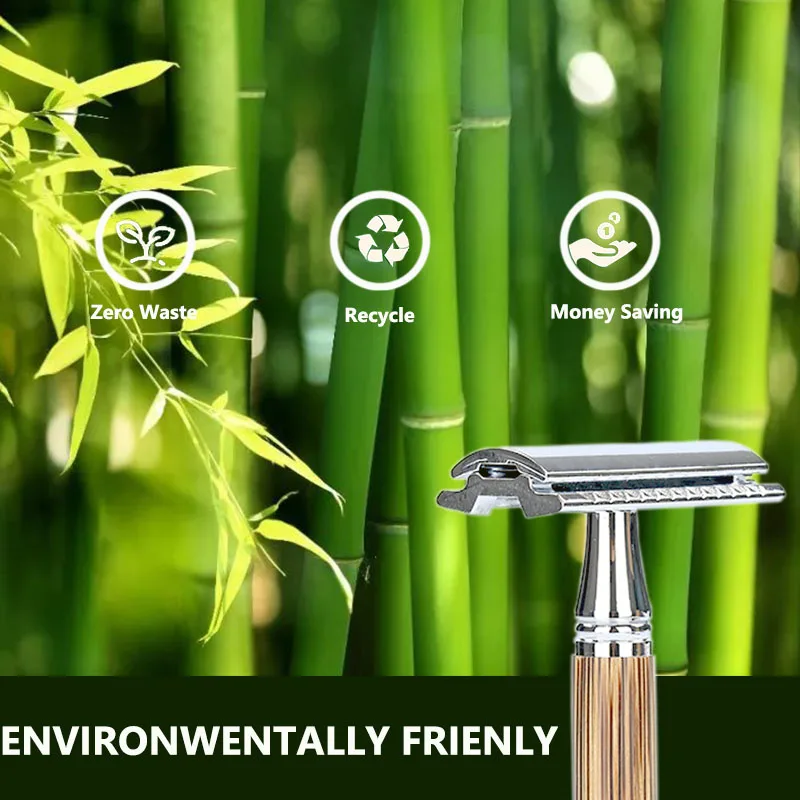 Vintage Shaver Stainless Steel Double Edge Safety Razor Set Shaving Tool Natural Bamboo Handle Manual Safety Razor Blade Shaver