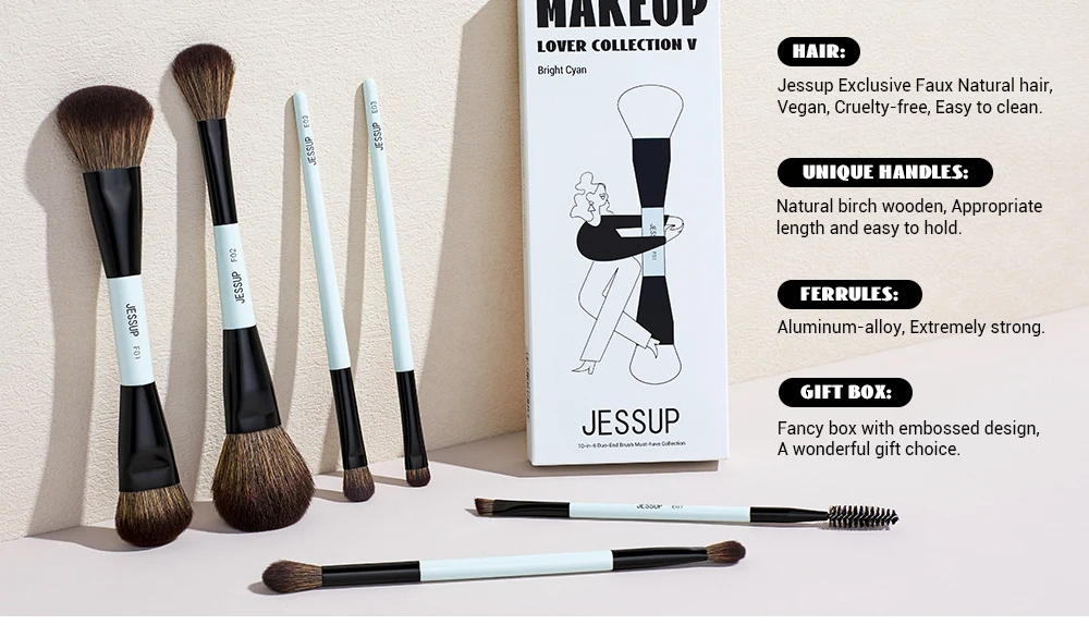 Jessup Double-Ended Makeup Brushes 6pcs, Vegan Fiber, Daily Use, Bright Cyan