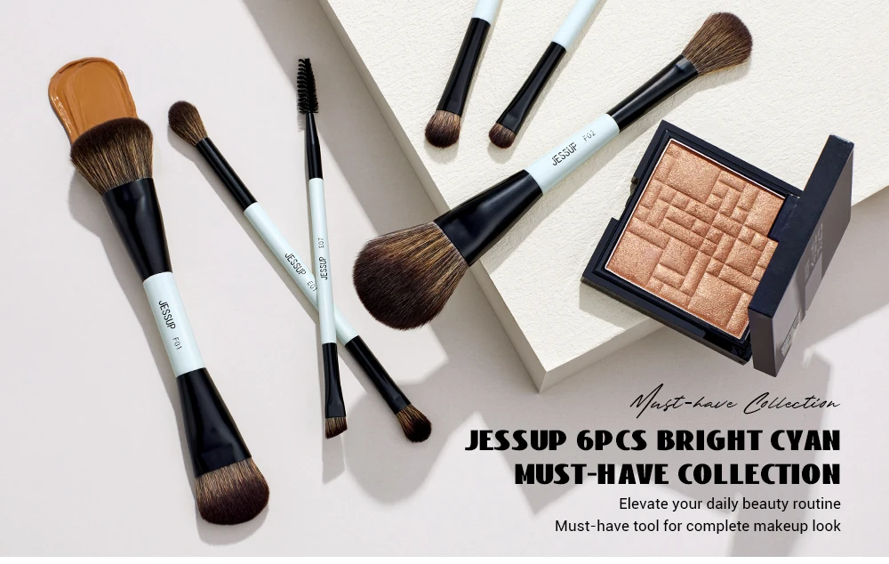 Jessup Double-Ended Makeup Brushes 6pcs, Vegan Fiber, Daily Use, Bright Cyan