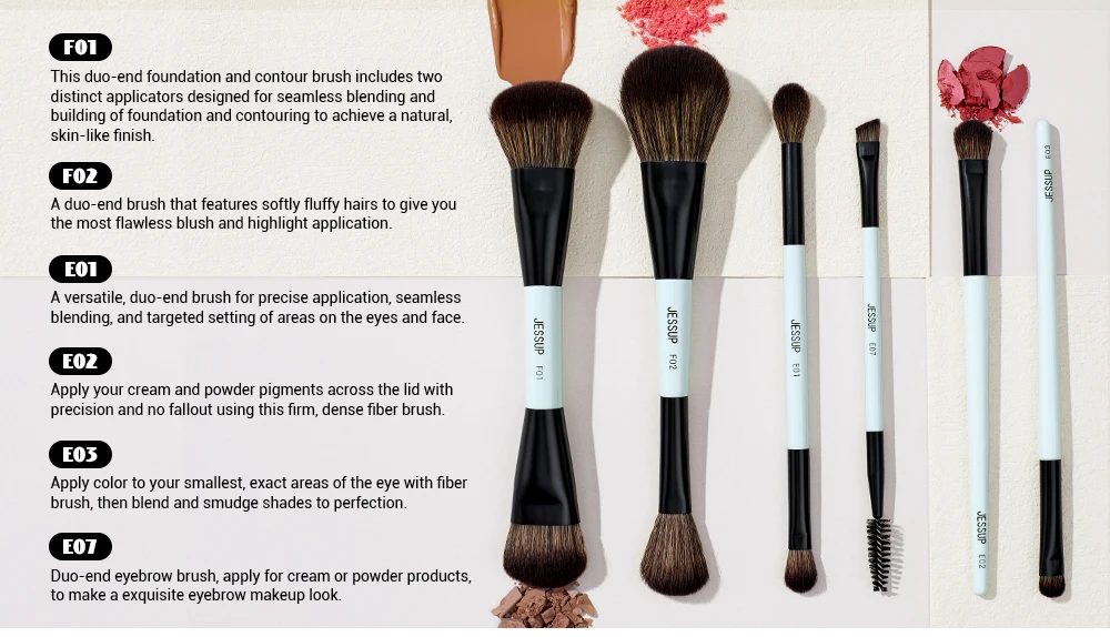 Jessup Double-Ended Makeup Brushes 6pcs, Vegan Fiber, Daily Use, Bright Cyan