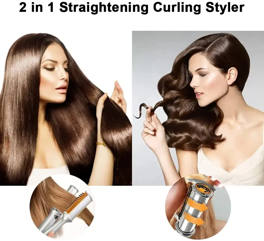 Hair Curling Iron Max 2-Way Rotating Hair Curler 2 In 1 Electric Heating Straightening Hair Curler Brushes Instyler Professional