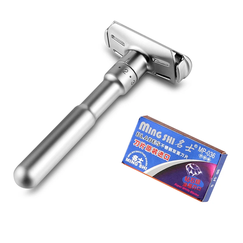 Mingshi Adjustable Safety Razor Double Edge Classic Men Shaving Mild to Aggressive 1-6 File Hair Removal Shaver It with 5 Blades