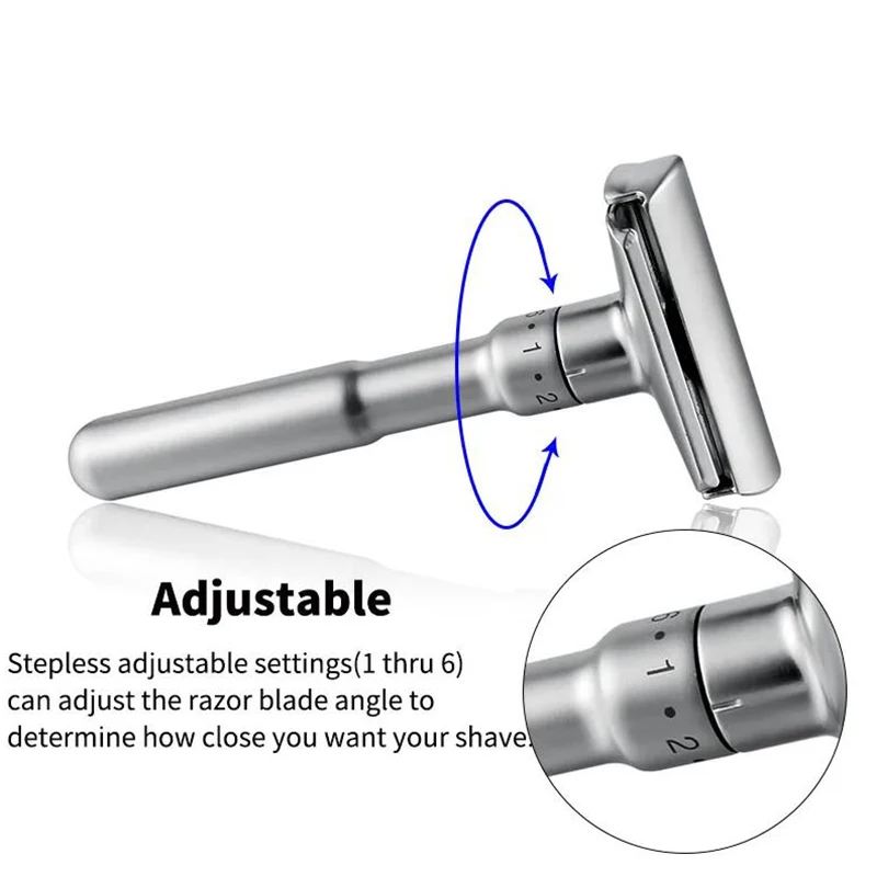 Mingshi Adjustable Safety Razor Double Edge Classic Men Shaving Mild to Aggressive 1-6 File Hair Removal Shaver It with 5 Blades