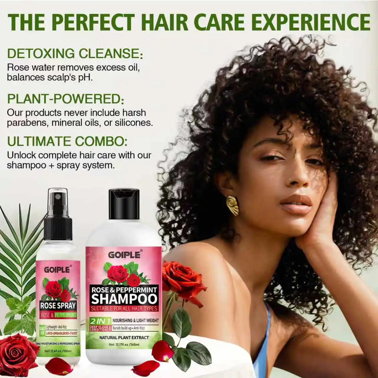 GOIPLE 2-in-1 Rose & Peppermint Shampoo and Rose Spray Set - Deep Clean & Conditioner for Locs, Dreadlocks, and Twists - Anti-Itch, Anti-Frizz, Banish Build-Up Scalp Treatment - Natural Plant Extract - 12.17oz + 3.4oz