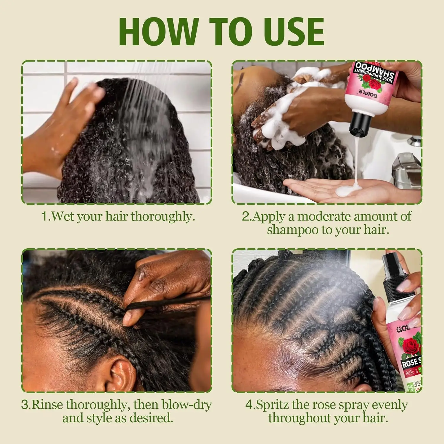 GOIPLE 2-in-1 Rose & Peppermint Shampoo and Rose Spray Set - Deep Clean & Conditioner for Locs, Dreadlocks, and Twists - Anti-Itch, Anti-Frizz, Banish Build-Up Scalp Treatment - Natural Plant Extract - 12.17oz + 3.4oz