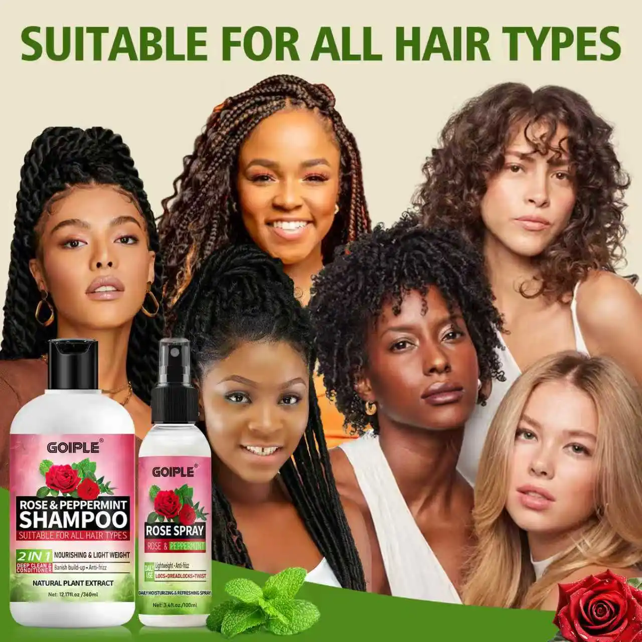 GOIPLE 2-in-1 Rose & Peppermint Shampoo and Rose Spray Set - Deep Clean & Conditioner for Locs, Dreadlocks, and Twists - Anti-Itch, Anti-Frizz, Banish Build-Up Scalp Treatment - Natural Plant Extract - 12.17oz + 3.4oz