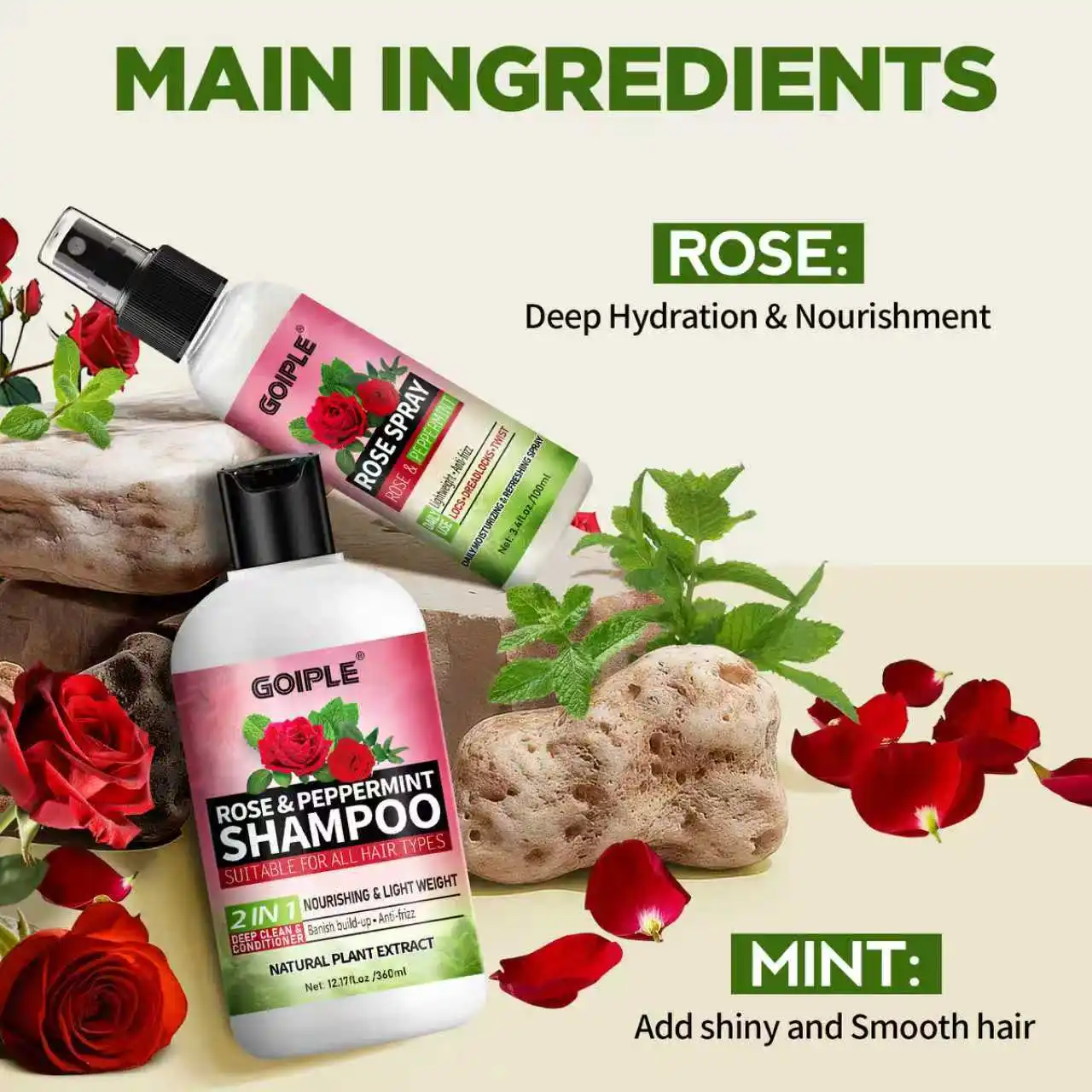 GOIPLE 2-in-1 Rose & Peppermint Shampoo and Rose Spray Set - Deep Clean & Conditioner for Locs, Dreadlocks, and Twists - Anti-Itch, Anti-Frizz, Banish Build-Up Scalp Treatment - Natural Plant Extract - 12.17oz + 3.4oz