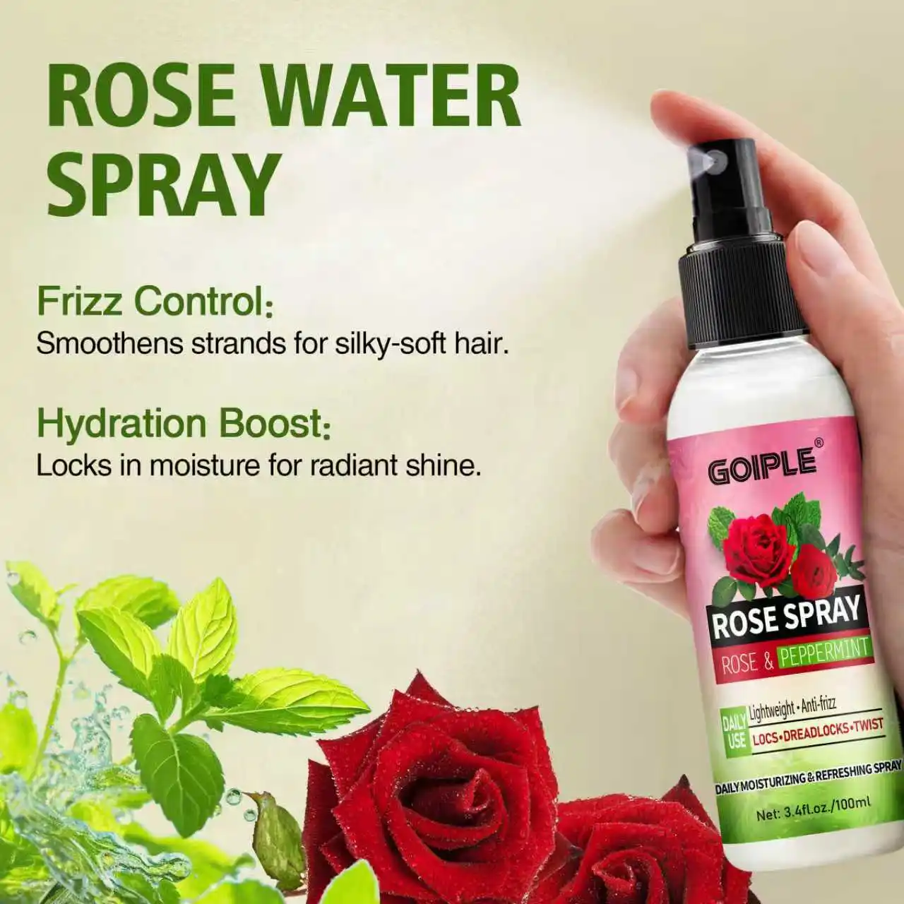 GOIPLE 2-in-1 Rose & Peppermint Shampoo and Rose Spray Set - Deep Clean & Conditioner for Locs, Dreadlocks, and Twists - Anti-Itch, Anti-Frizz, Banish Build-Up Scalp Treatment - Natural Plant Extract - 12.17oz + 3.4oz