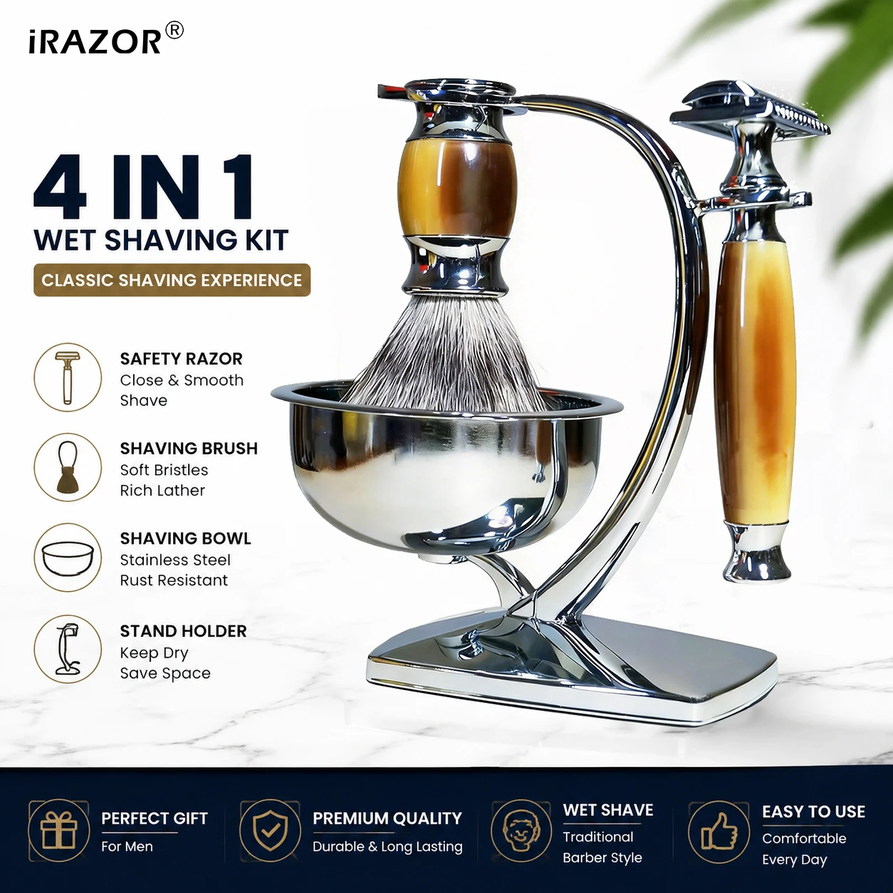 iRAZOR Classic Men's DE Double Edge Safety Razor Kit with 10 Blades Silvertip Shaving Brush Bowl Wet Shaving Grooming Gift Set