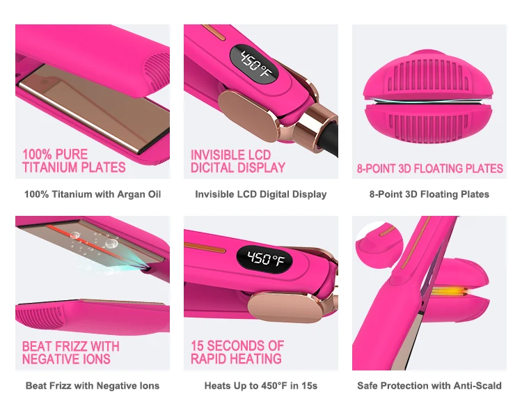 Hair Straightener Woman 450℉ Titanium Pink Infrared Wide Flat Iron,30s Fast Heating and Curler 2 in 1 Hair Straightener
