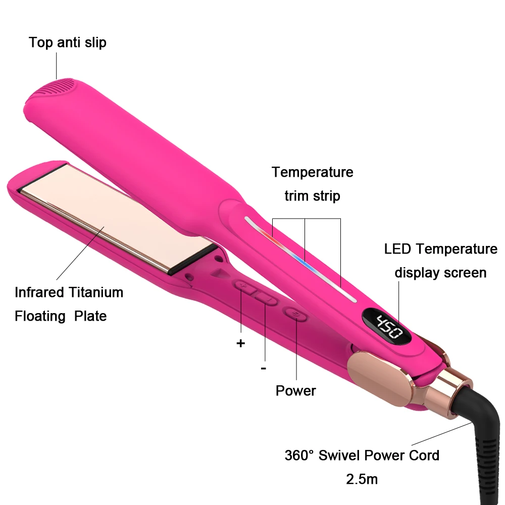 Hair Straightener Woman 450℉ Titanium Pink Infrared Wide Flat Iron,30s Fast Heating and Curler 2 in 1 Hair Straightener