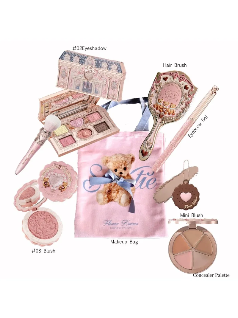 Flower Knows Makeup Kit Sweetie Bear Concealer Palette Silk Satin Blusher Lip Jelly Mirror Hair Clip Makeup Bag Mini Powder Set