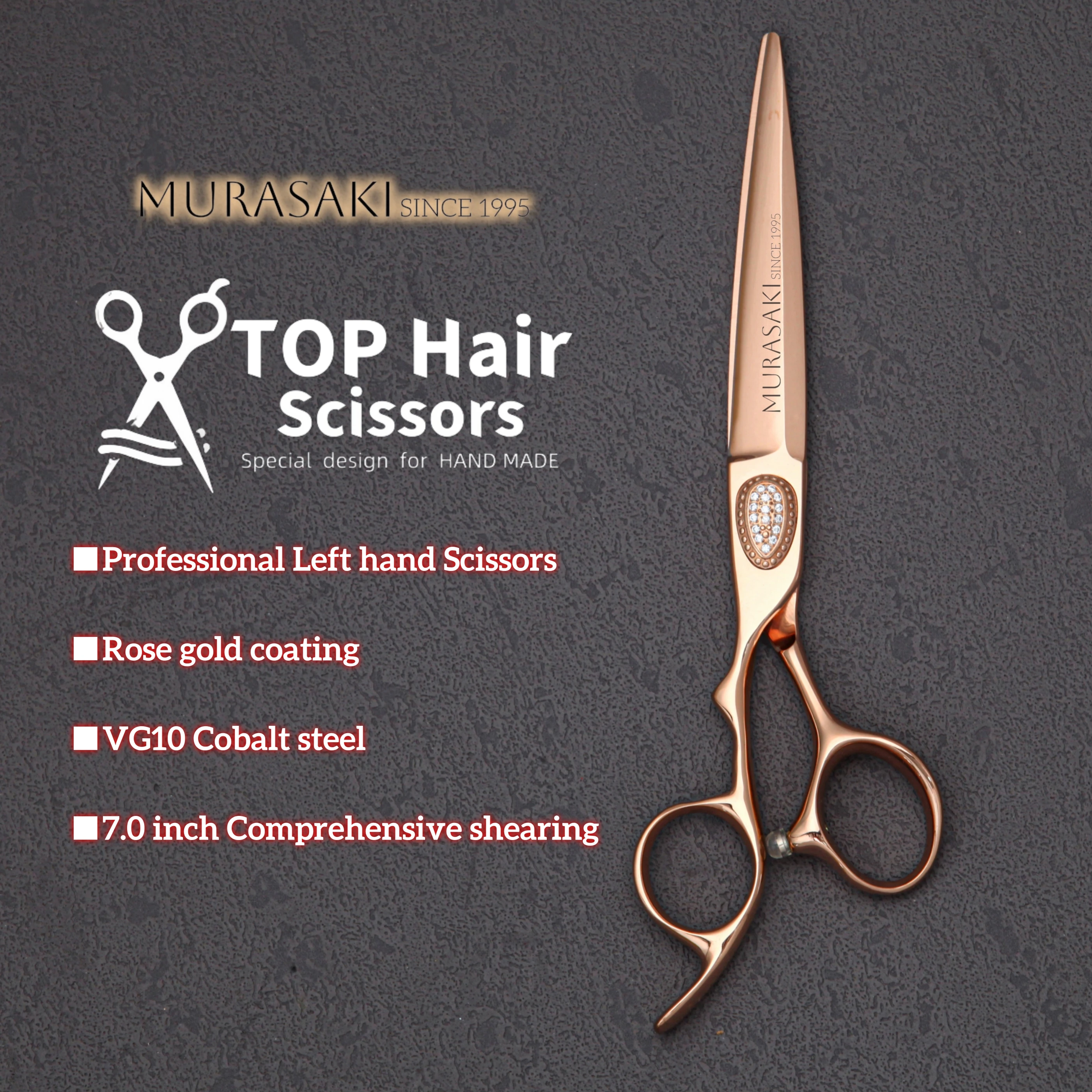 6.0-7.0 inch MURASAKI Left Hand Scissors, Rose Gold Coating, VG10 Metal Steel Barber Shears, Salon Top-Level Hair Cutting Tools