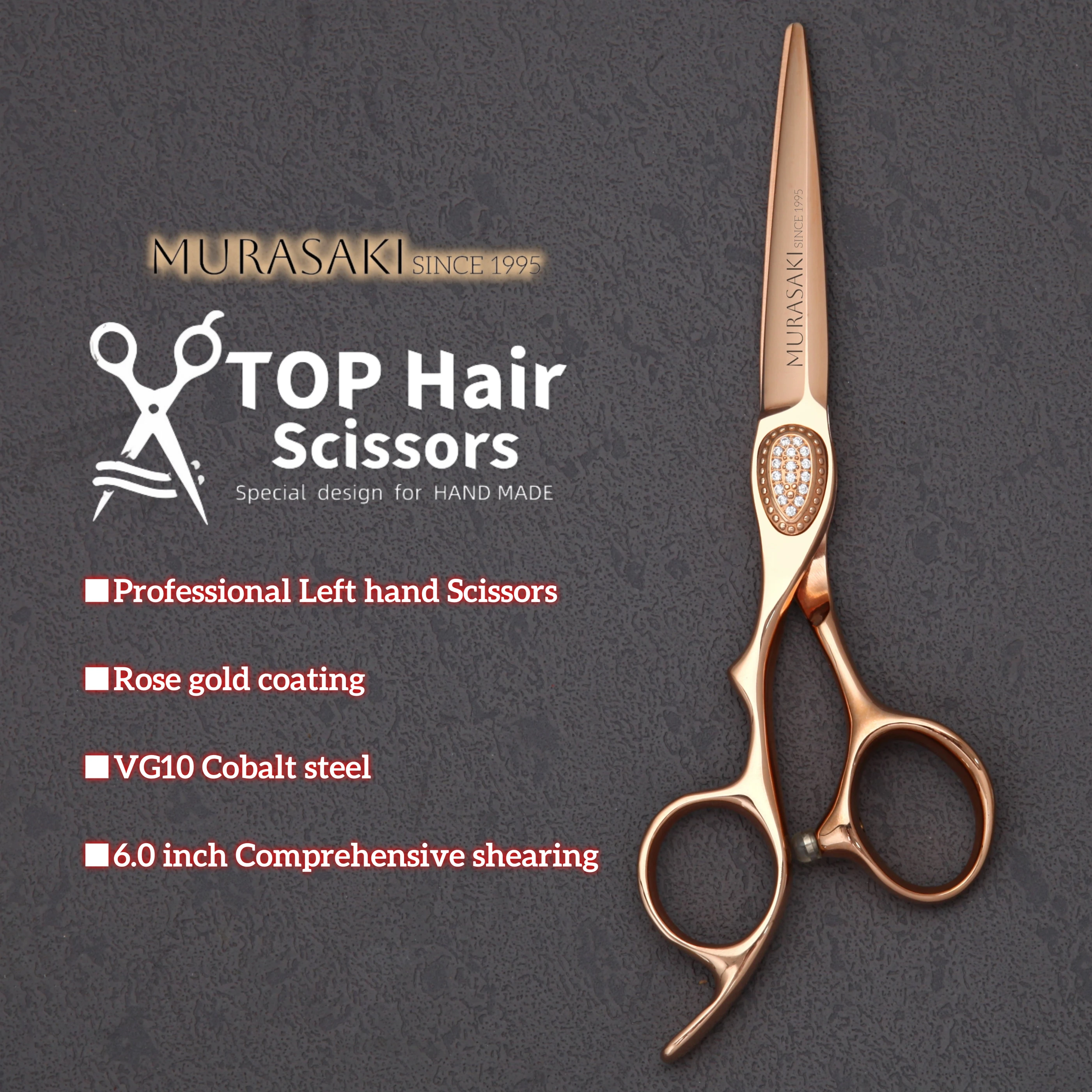 6.0-7.0 inch MURASAKI Left Hand Scissors, Rose Gold Coating, VG10 Metal Steel Barber Shears, Salon Top-Level Hair Cutting Tools