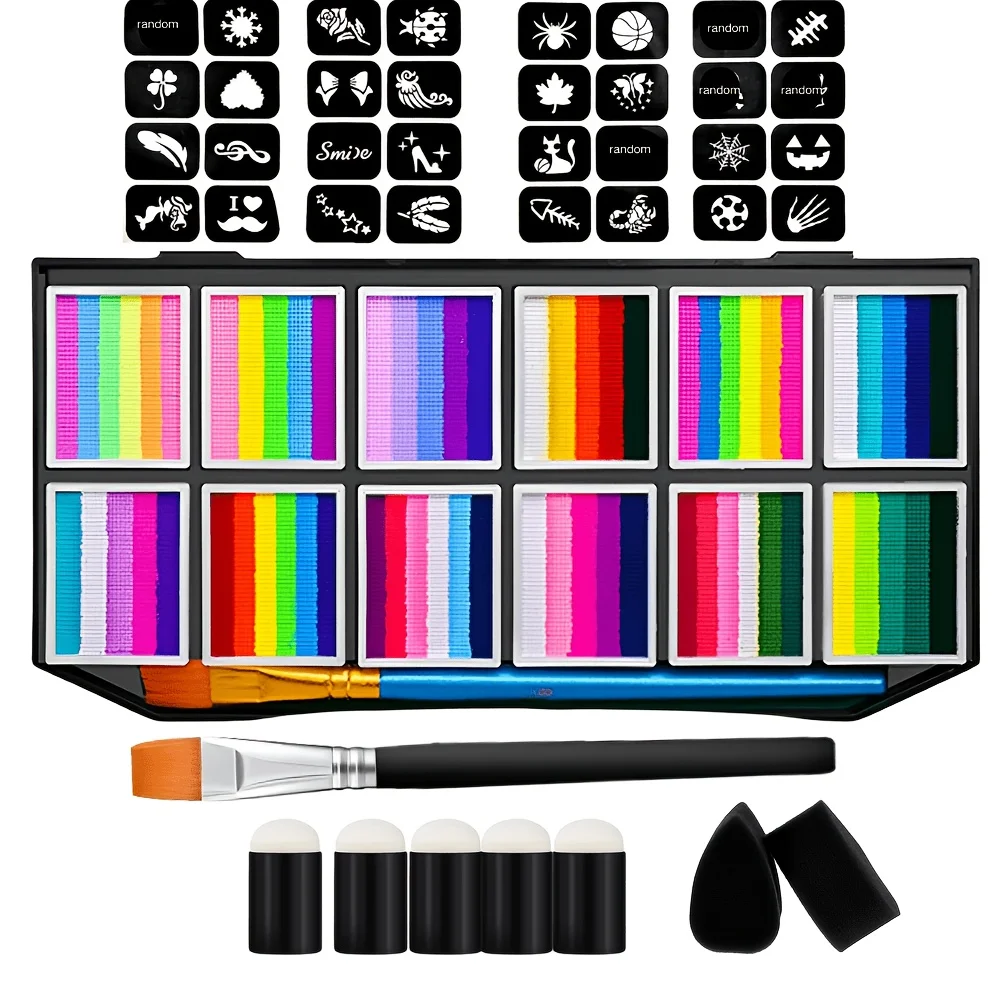 EYIR 65 Colors Face Body Paint Kit with 32 Stencils Makeup Palette DIY Body Art Set Halloween Festival Party Face Painting Tools