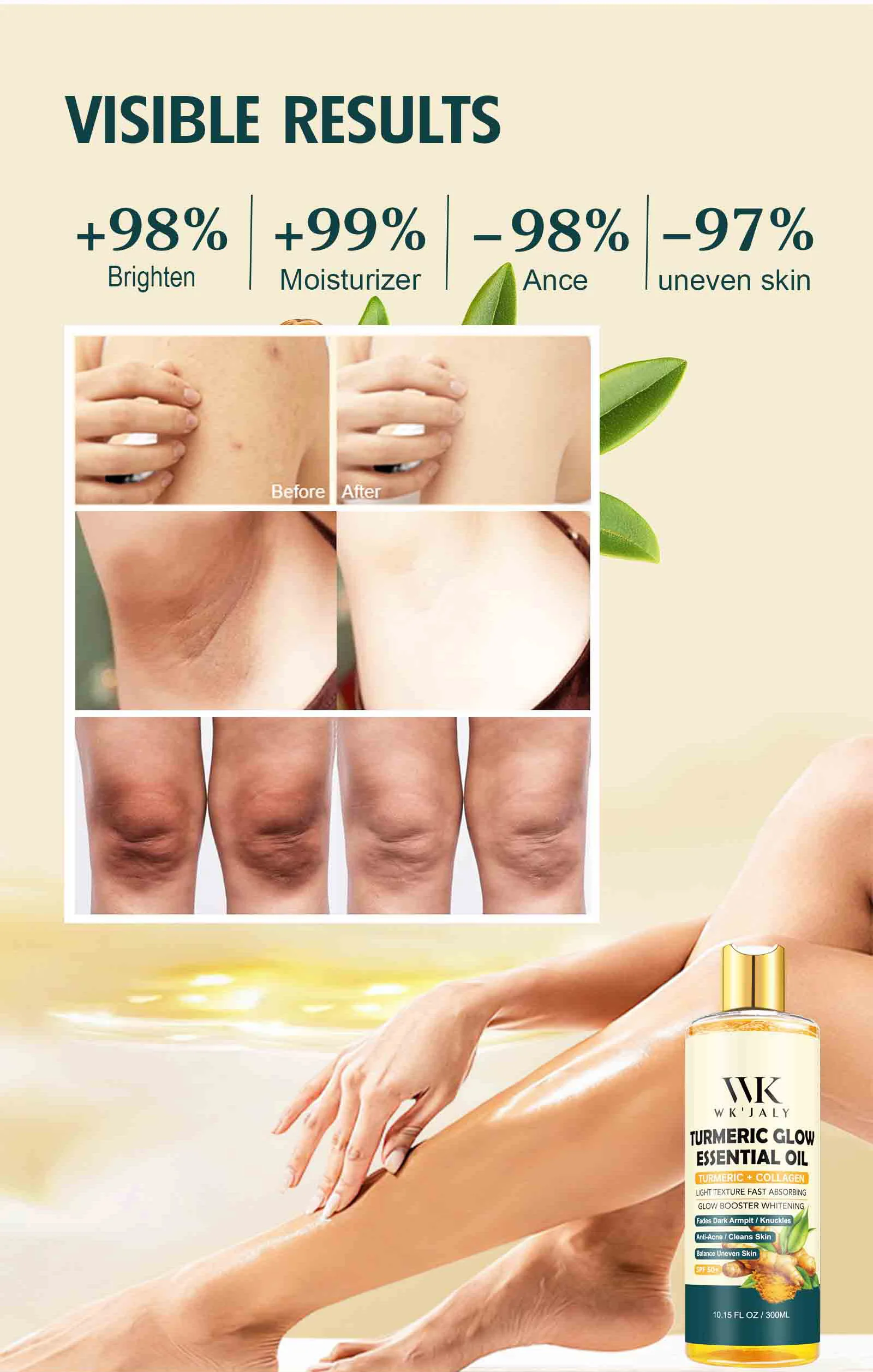 WK JALY Turmeric Glow Essential Body Oil, Moisturizing, Whitening, Fades Dark Armpit, Knuckles, Anti-Acne, Balance Uneven Skin