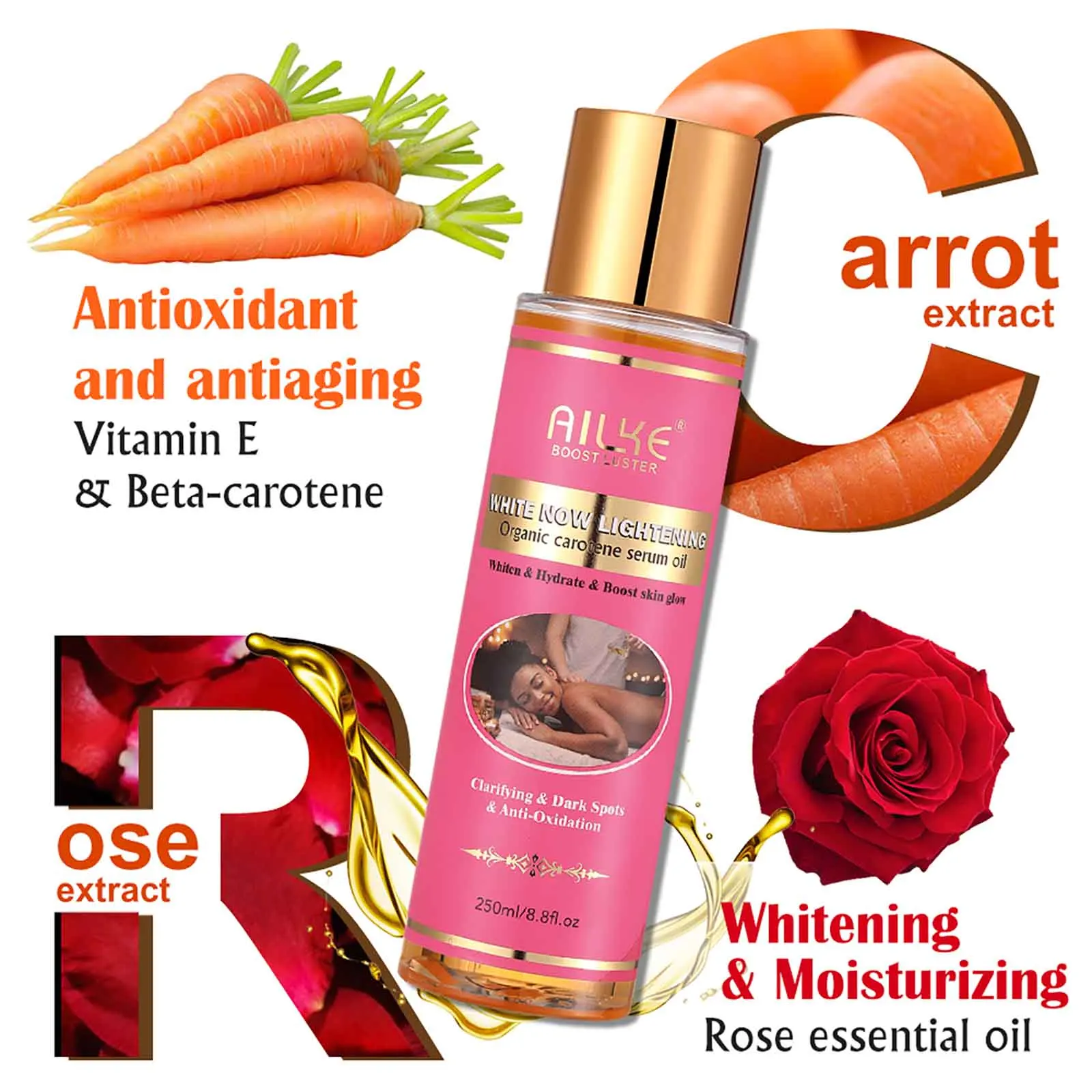 AILKE Organic Carotene Serum Brightening Body Oil, Smooth Skin, Moisturizing, With Vitamin E, Rose Essential Oil, Even Skin Tone