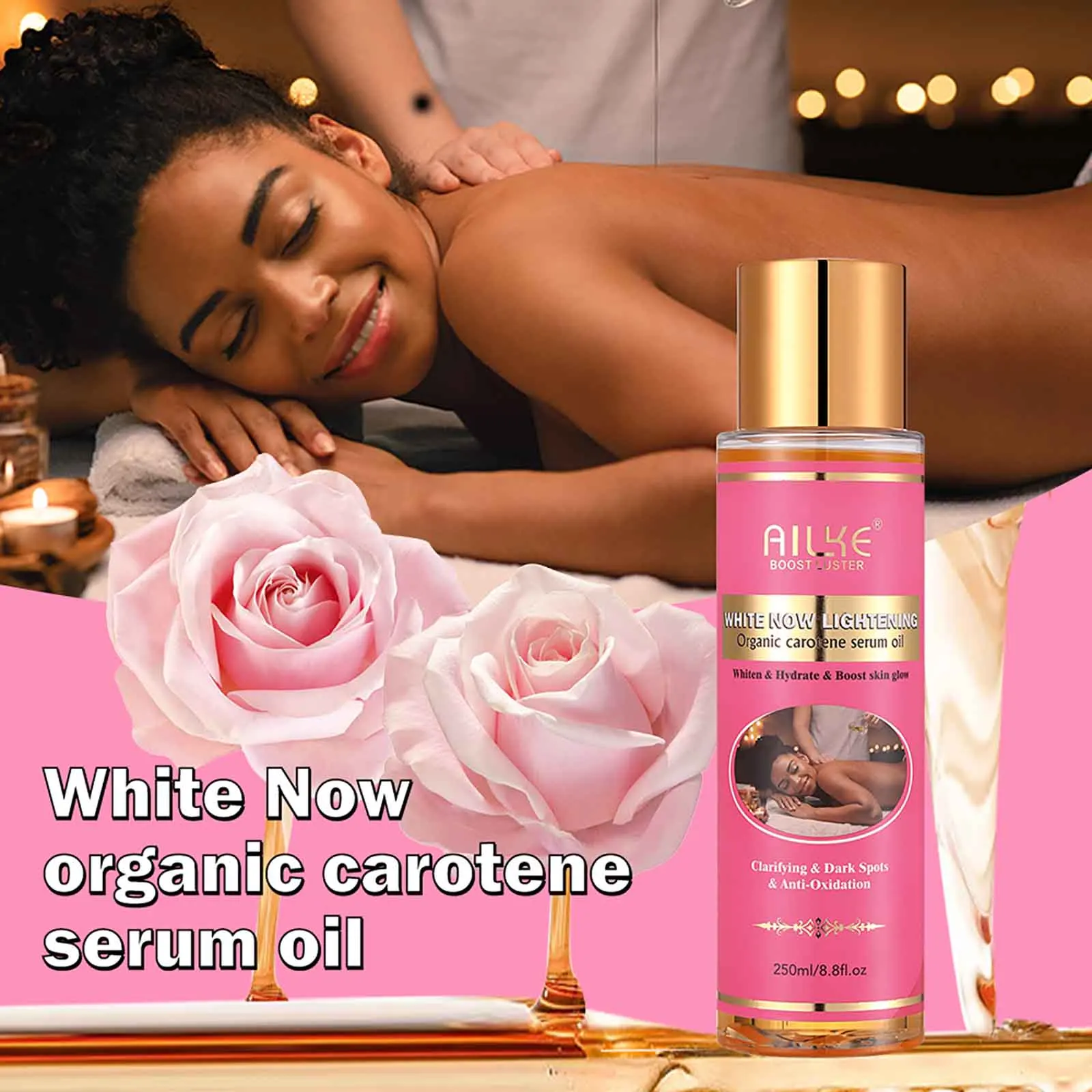 AILKE Organic Carotene Serum Brightening Body Oil, Smooth Skin, Moisturizing, With Vitamin E, Rose Essential Oil, Even Skin Tone