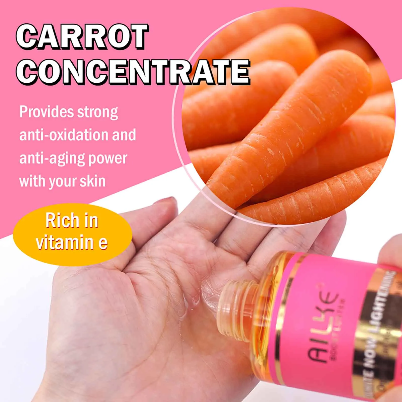 AILKE Organic Carotene Serum Brightening Body Oil, Smooth Skin, Moisturizing, With Vitamin E, Rose Essential Oil, Even Skin Tone