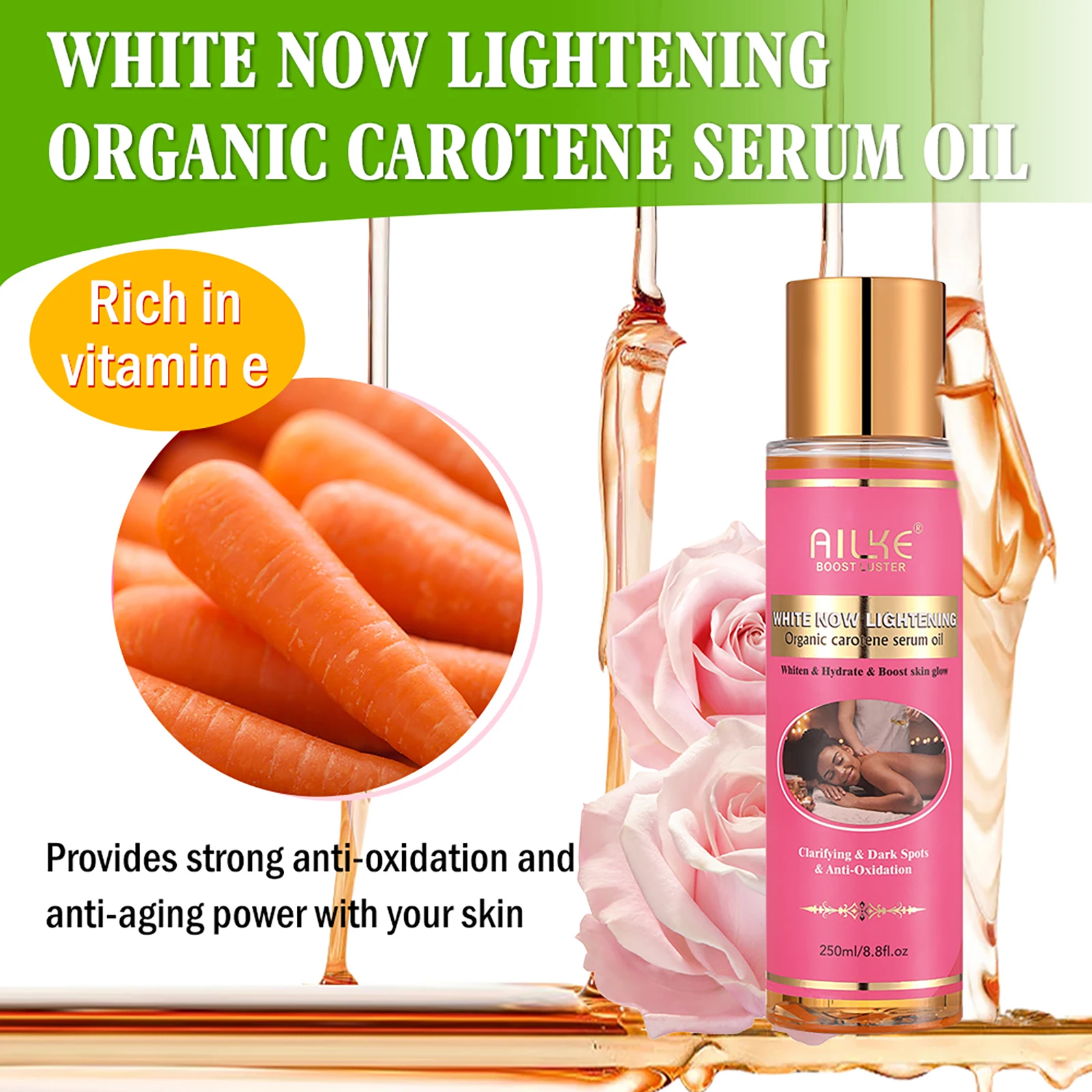 AILKE Organic Carotene Serum Brightening Body Oil, Smooth Skin, Moisturizing, With Vitamin E, Rose Essential Oil, Even Skin Tone