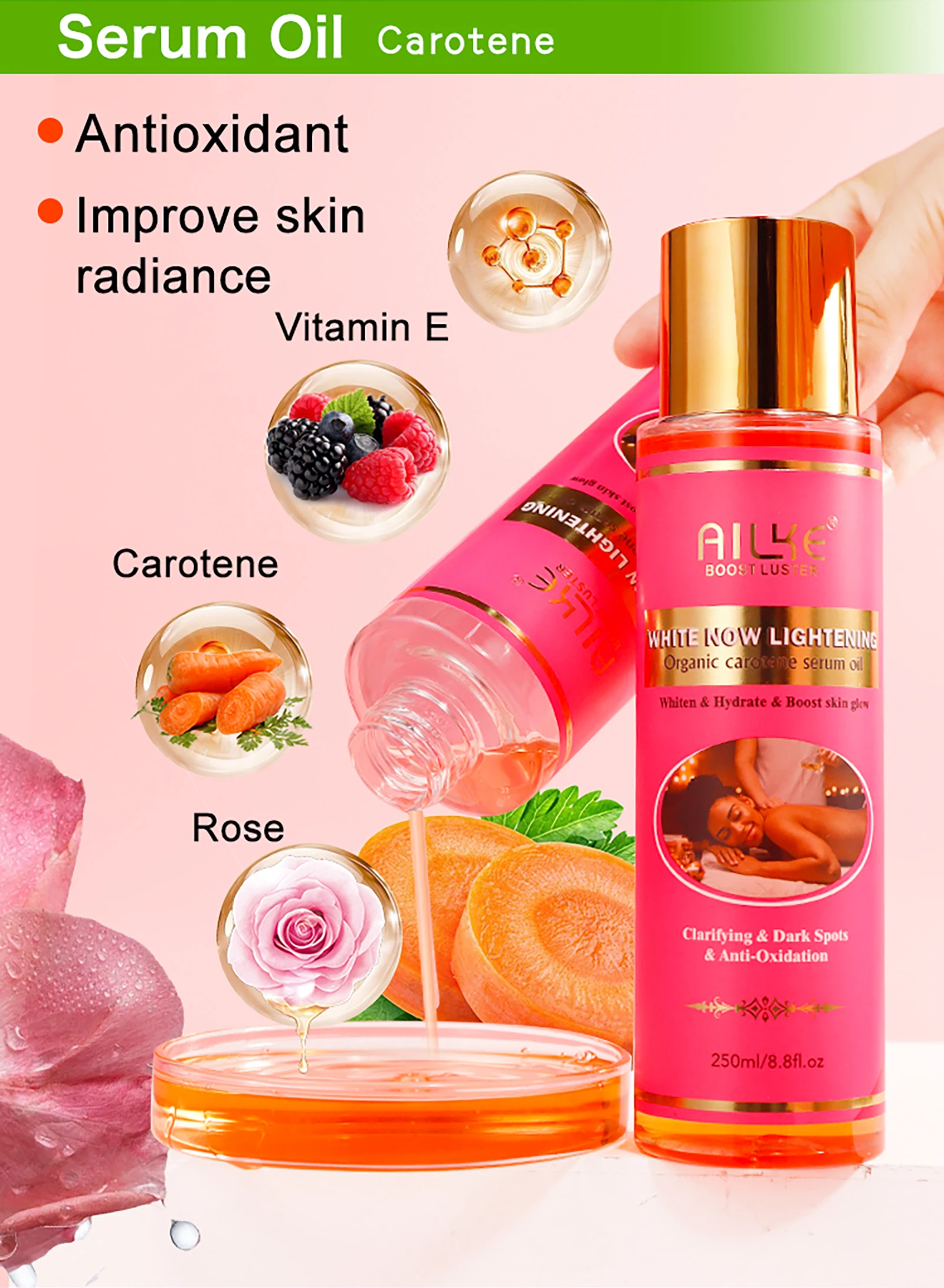 AILKE Organic Carotene Serum Brightening Body Oil, Smooth Skin, Moisturizing, With Vitamin E, Rose Essential Oil, Even Skin Tone