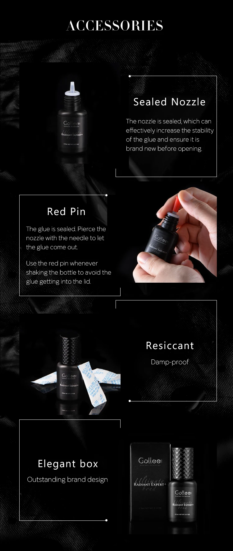 Gollee Eyelash Glue 0.5s Fast Dry Low Humidity Eyelashes Extension Glue Black Hypoallergenic Strong Lash Glue Waterproof Makeup