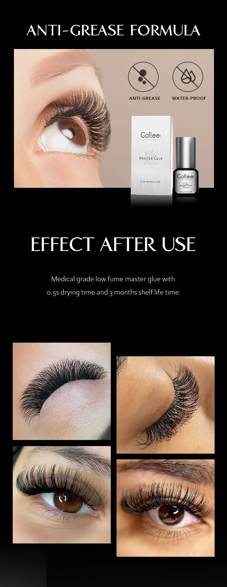 Gollee Eyelash Glue 0.5s Fast Dry Low Humidity Eyelashes Extension Glue Black Hypoallergenic Strong Lash Glue Waterproof Makeup
