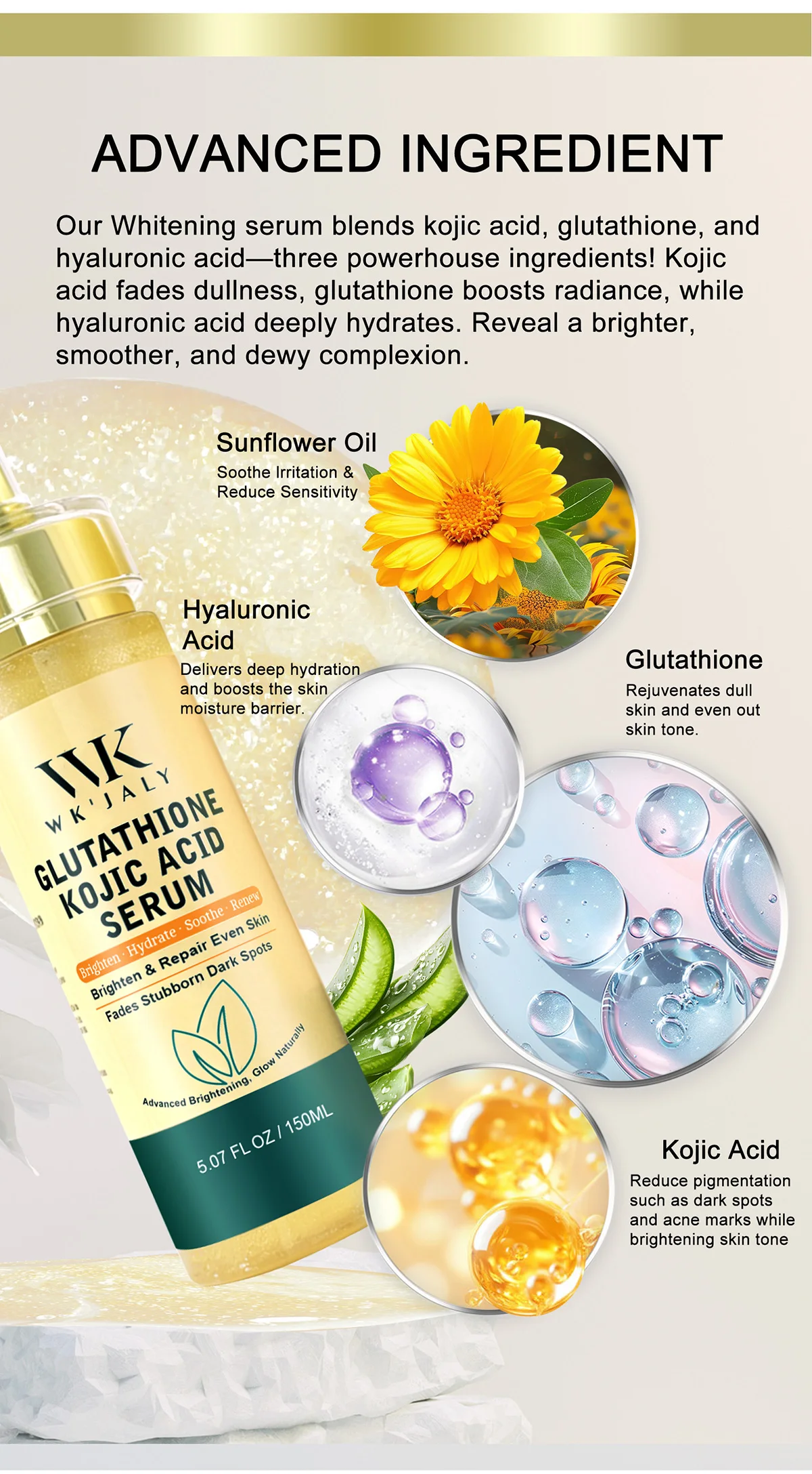 WK JALY Whitening Double Glutathione Women Serum, With Hyaluronic Acid, Sunflower Oil, Anti Dark Spots Essence, For Face, Body