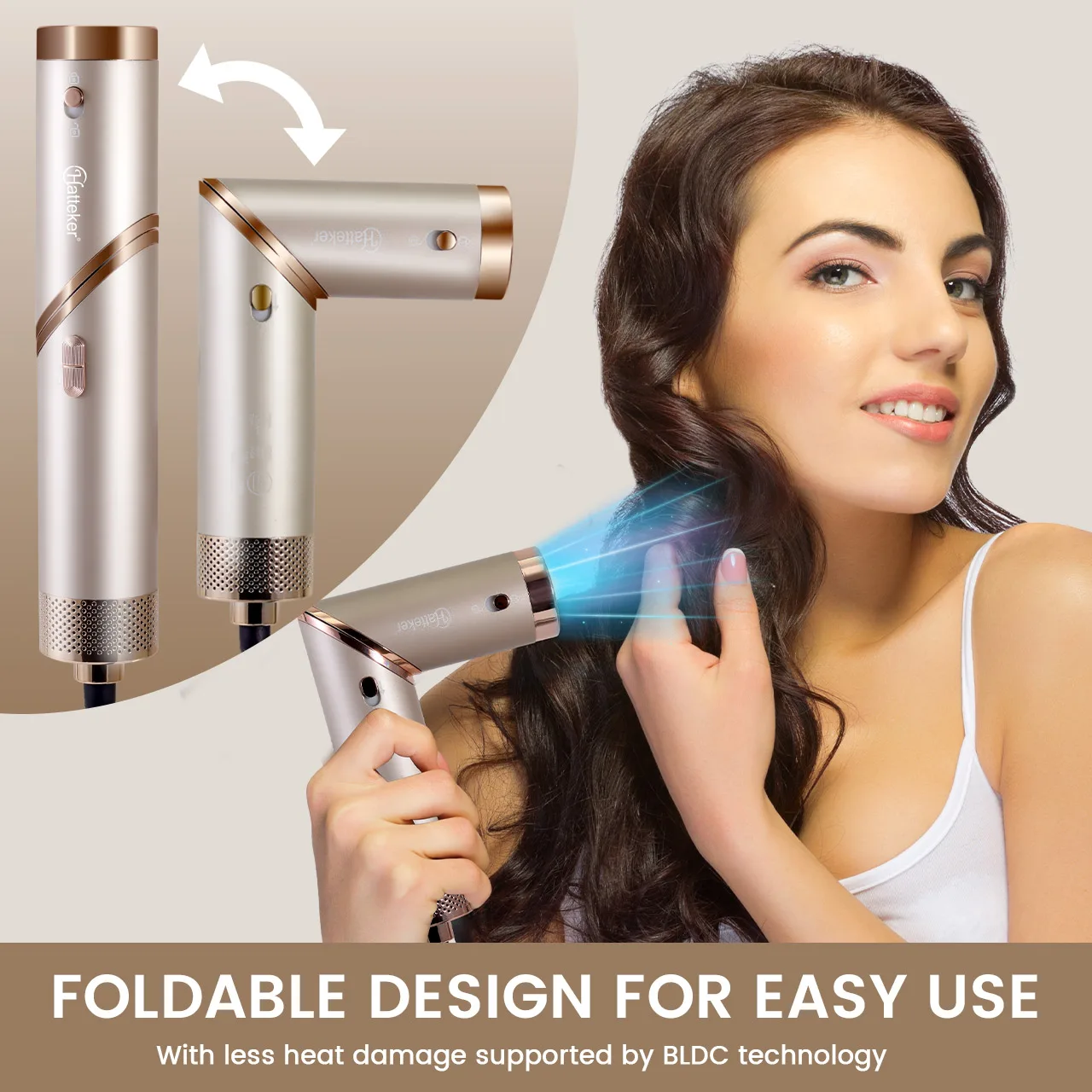 Hatteker 4-in-1 Hair Styling Tool Foldable Hair Dryer Curling Wand Brush with Negative Ion Care for Woman