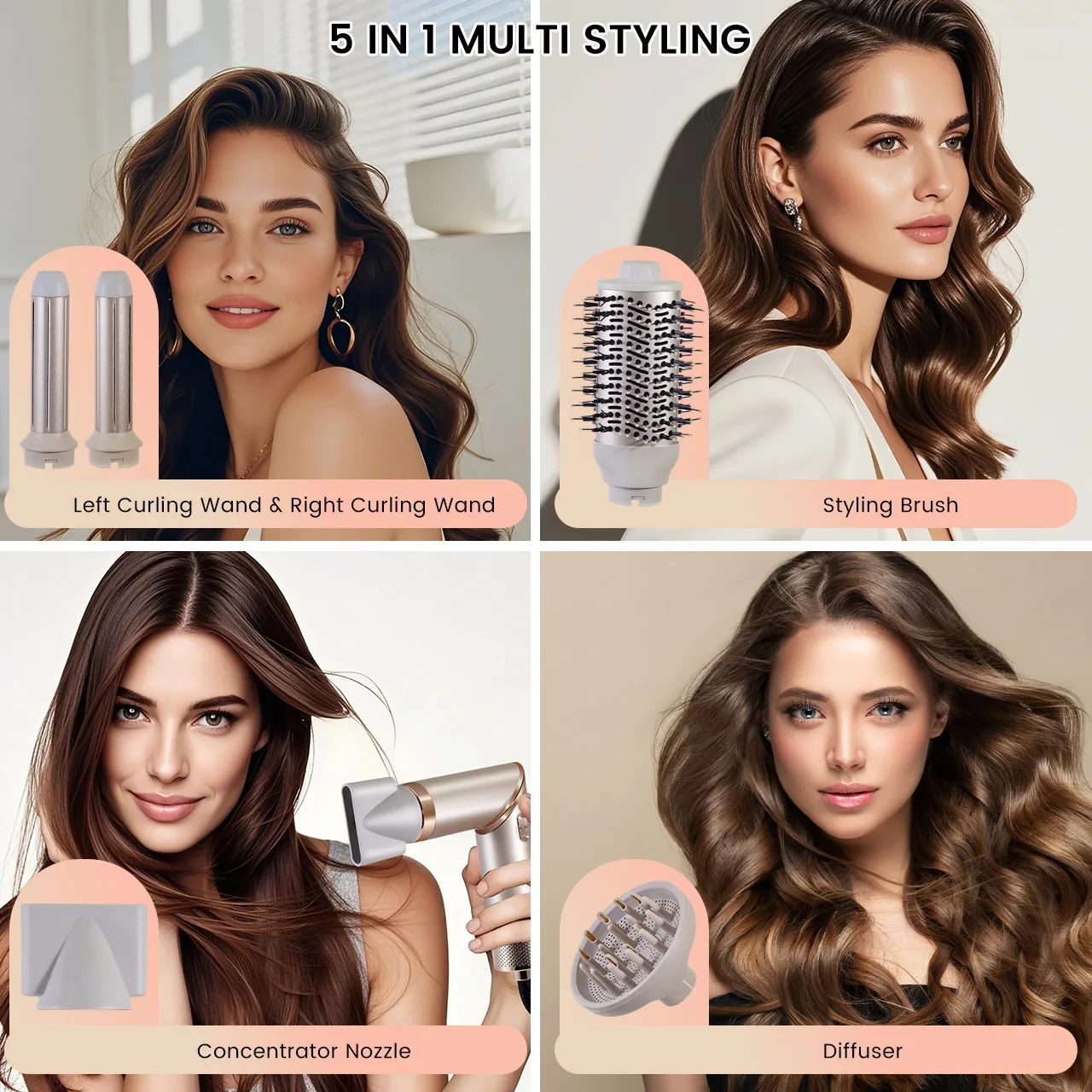 Hatteker 4-in-1 Hair Styling Tool Foldable Hair Dryer Curling Wand Brush with Negative Ion Care for Woman