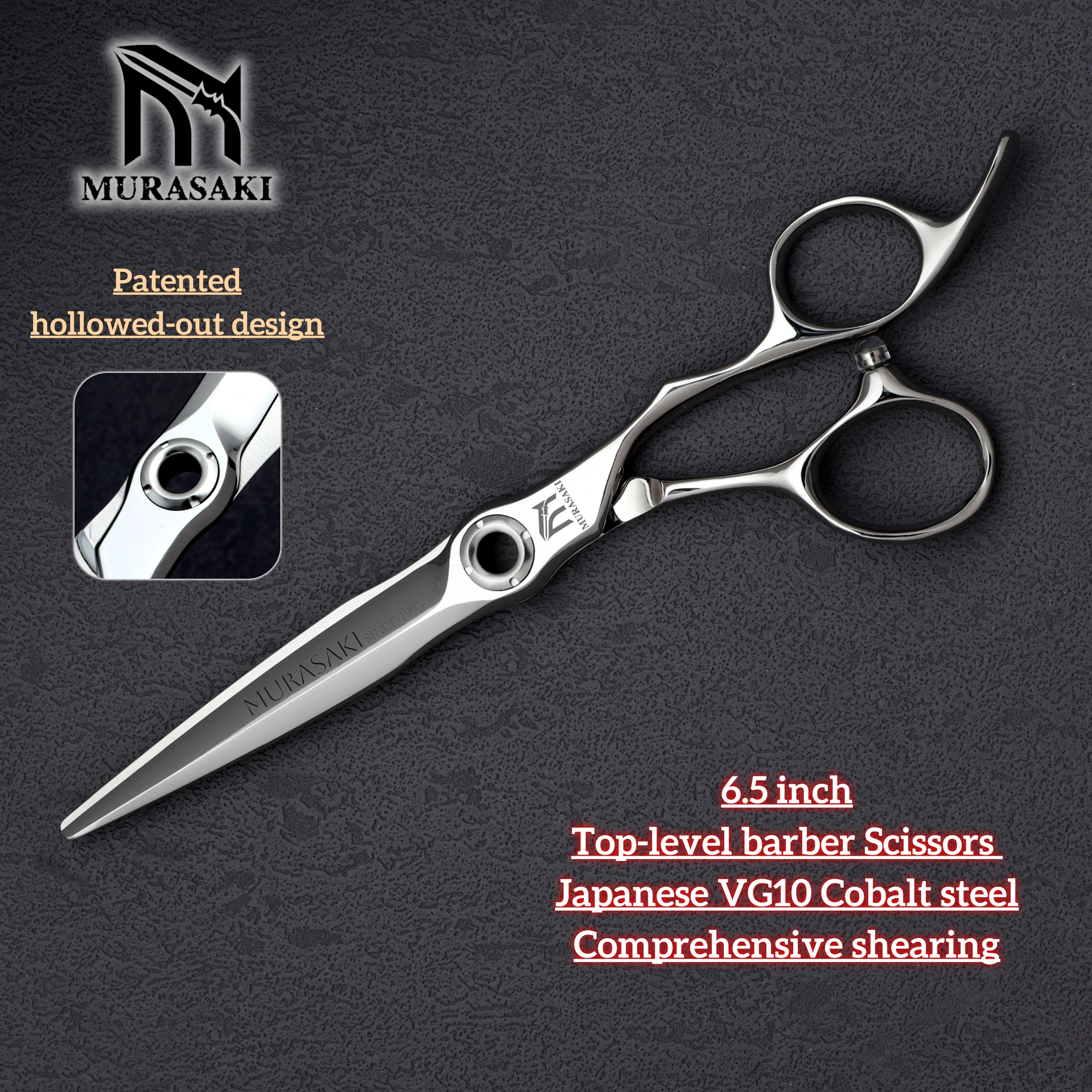 MURASAKI Top-Level Hairdressing Scissors, Japan VG10 Steel 6.5 Inch Barber Shears, Patented Hollowed-Out Design Hair Cutting Too