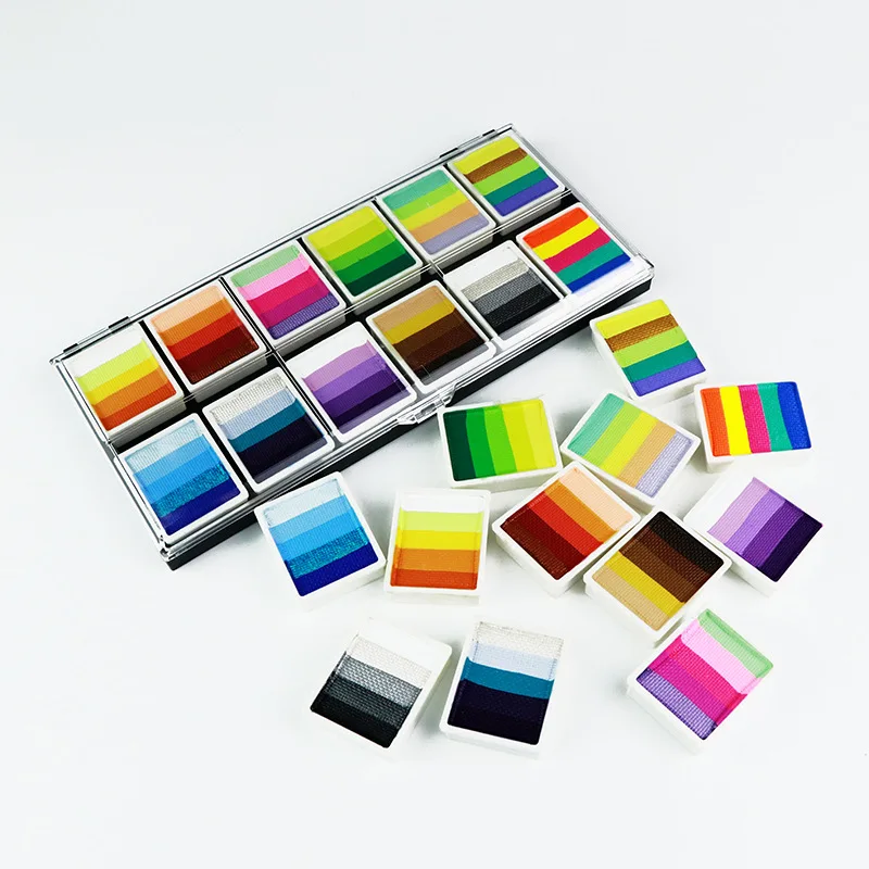 2 in 1 Professional Face Paint 12 Rainbow Kit Water Activated Eyeliner Body Art Pressing Face Painting Palette