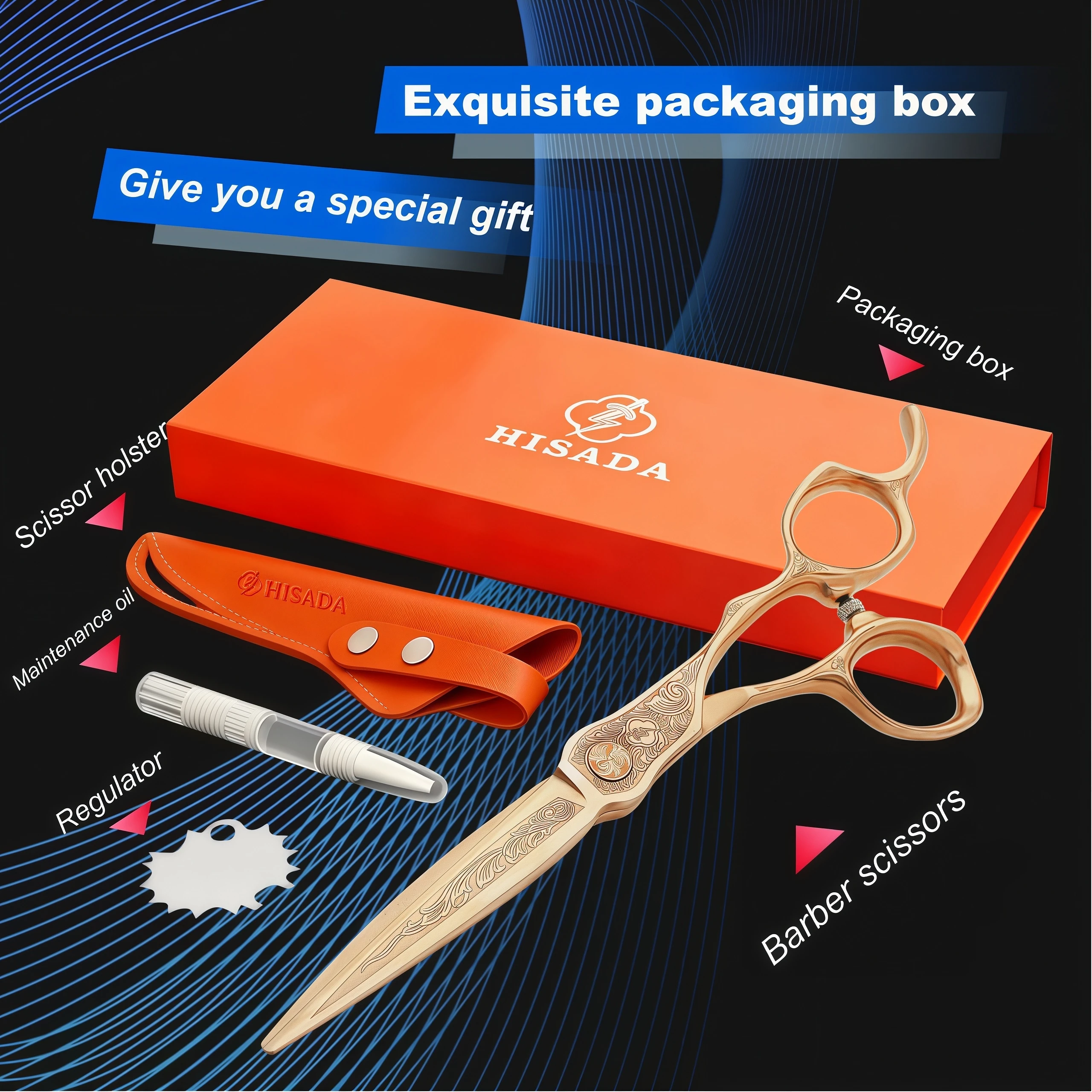 HISADA Barber Scissors Japanese Handmade VG10 Material Scissors 6-7 Inch Rose Gold Scissors Professional Hairdressing Scissors