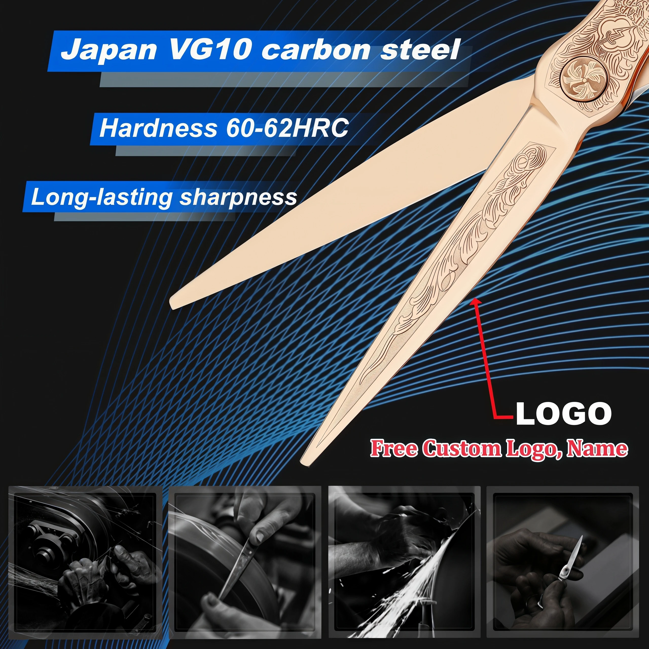 HISADA Barber Scissors Japanese Handmade VG10 Material Scissors 6-7 Inch Rose Gold Scissors Professional Hairdressing Scissors