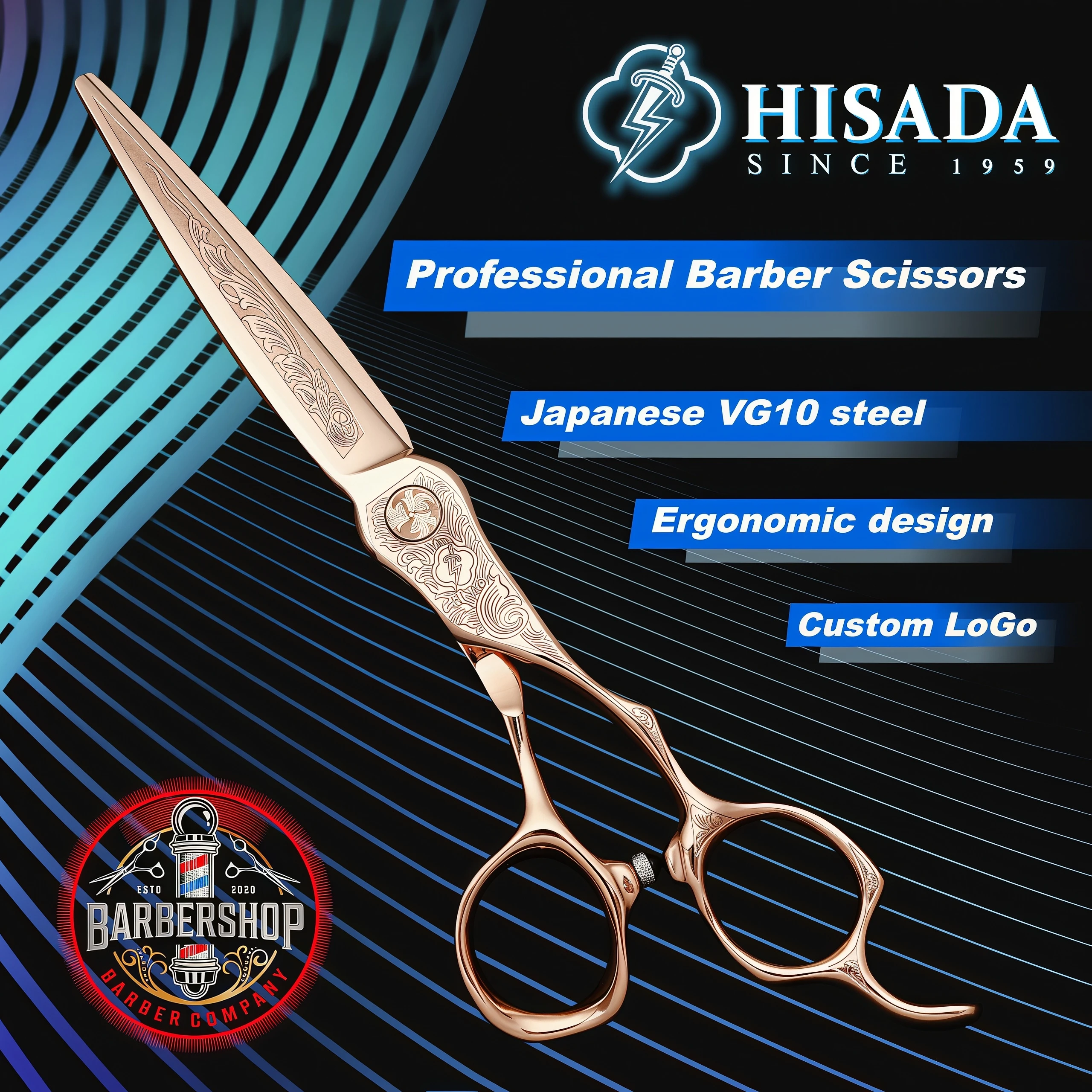 HISADA Barber Scissors Japanese Handmade VG10 Material Scissors 6-7 Inch Rose Gold Scissors Professional Hairdressing Scissors