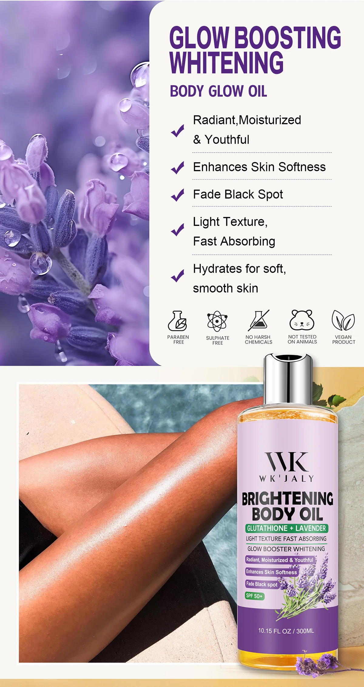 WK JALY Glow Boosting Whitening Glutathione And Lavender Body Oil, Moisturizer, For All Skin Types, Improve Rough Skin, 300ml