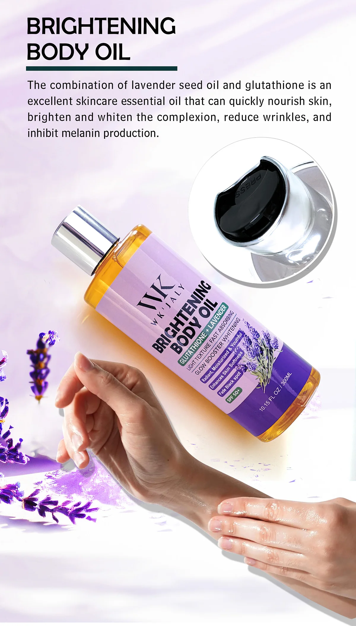 WK JALY Glow Boosting Whitening Glutathione And Lavender Body Oil, Moisturizer, For All Skin Types, Improve Rough Skin, 300ml