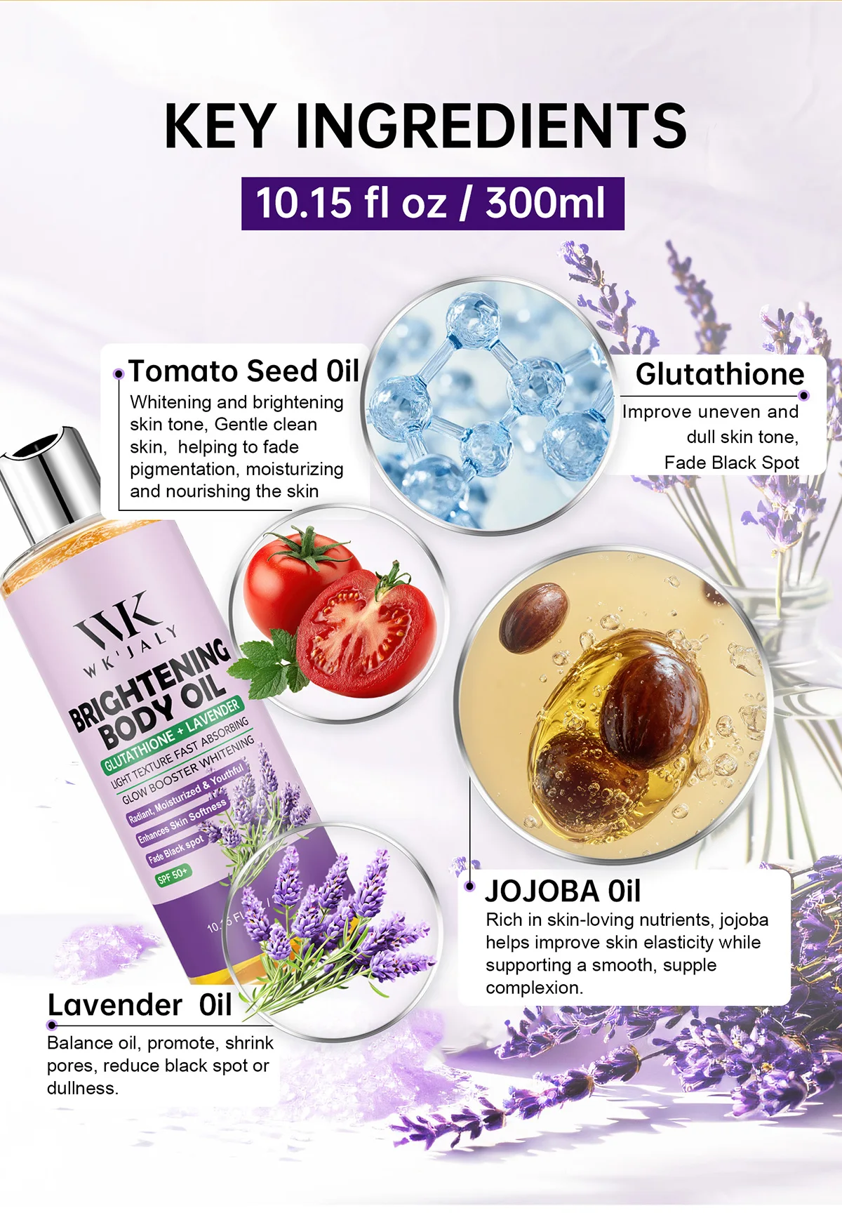 WK JALY Glow Boosting Whitening Glutathione And Lavender Body Oil, Moisturizer, For All Skin Types, Improve Rough Skin, 300ml