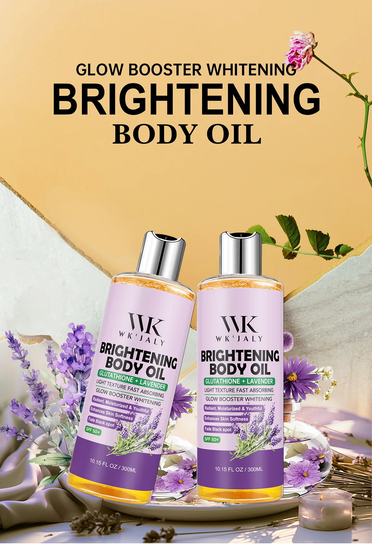 WK JALY Glow Boosting Whitening Glutathione And Lavender Body Oil, Moisturizer, For All Skin Types, Improve Rough Skin, 300ml