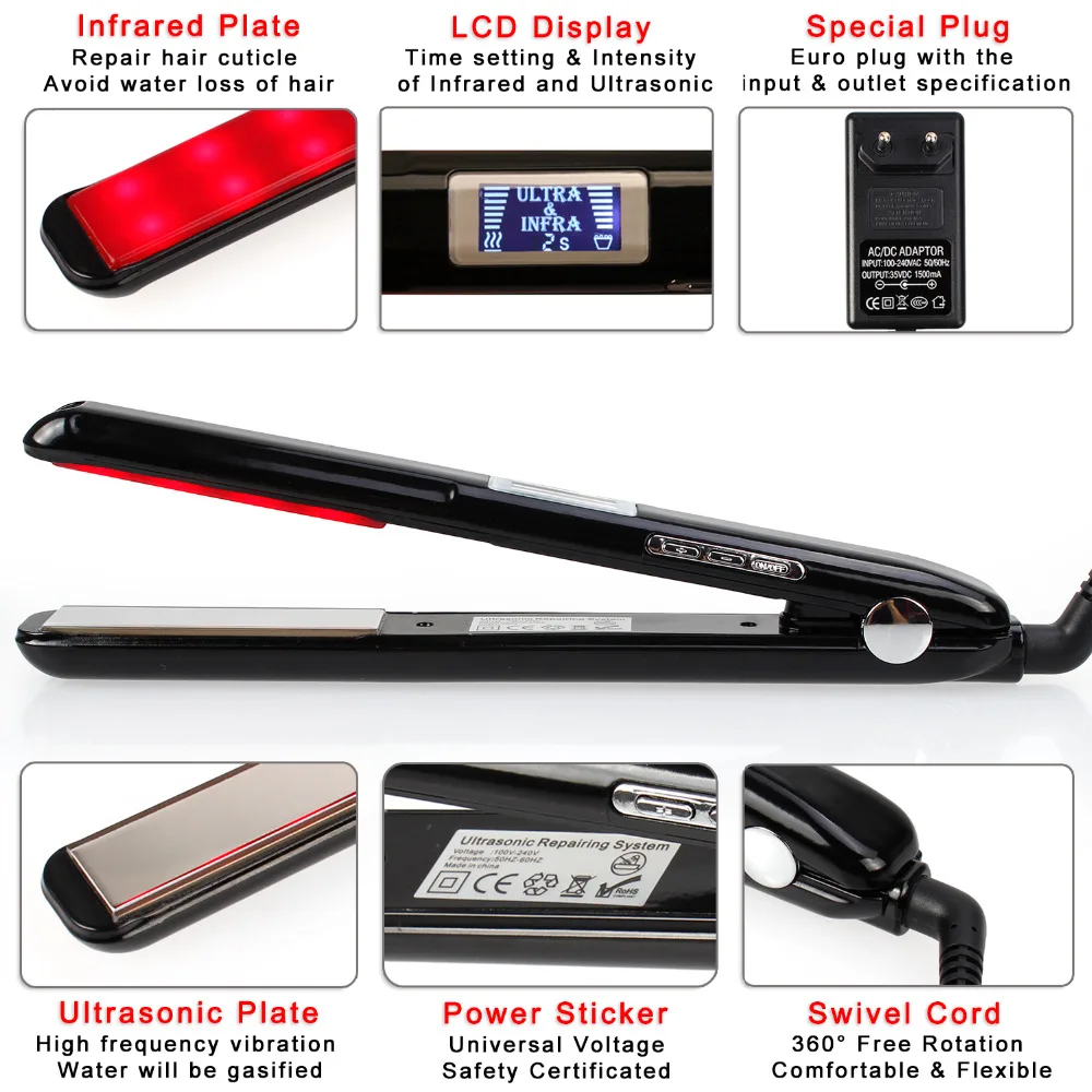Hair Straightener Infrared and Ultrasonic Profession Cold Hair Care Iron Treatment for Frizzy Dry Recovers Damage Flat Irons