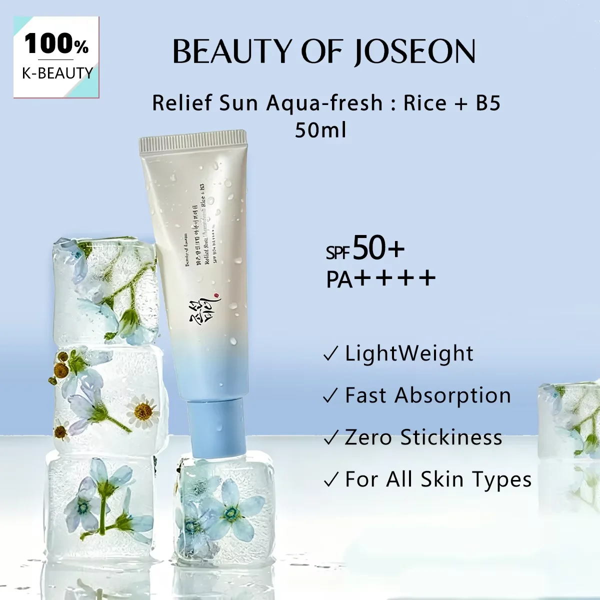 Beauty of Joseon Relief Sun Aqua-Fresh:Rice+B5 50ml,SPF50+ PA++++,Crystal Clear,Cooling Sensation,Korean Skincare,Korean Makeup