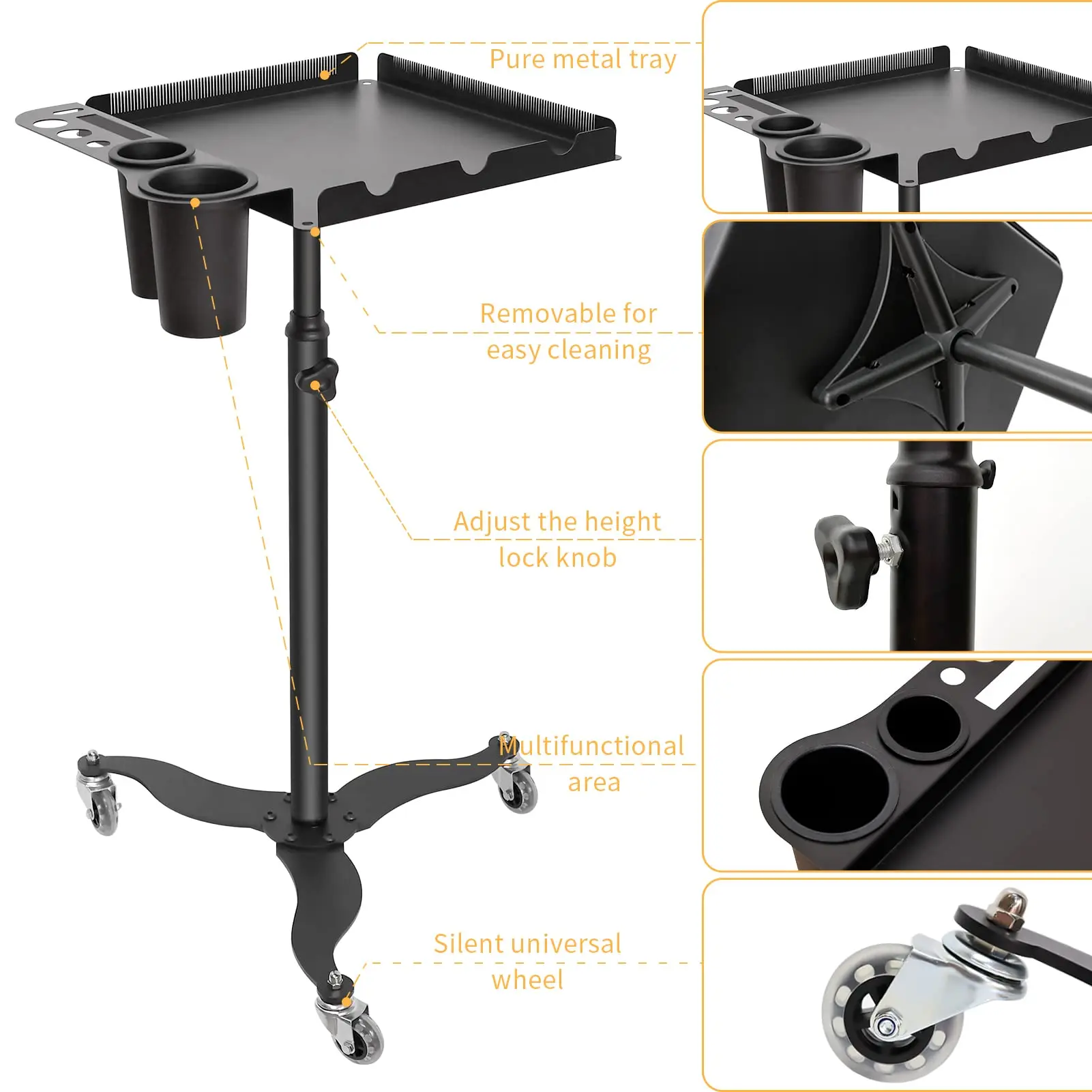 Metal Hairstylist Tray Rolling Cart for Hair Multi-function Salon Trolley Cart with Holder and Separator Stand Styling Tools 
